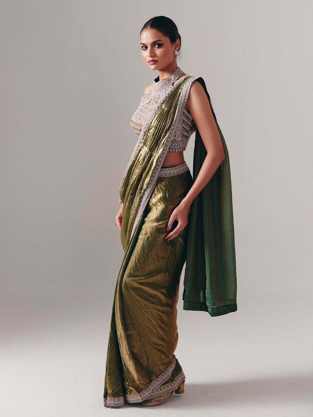 Pastel olive chiffon silk ready to wear saree for wedding celebration
