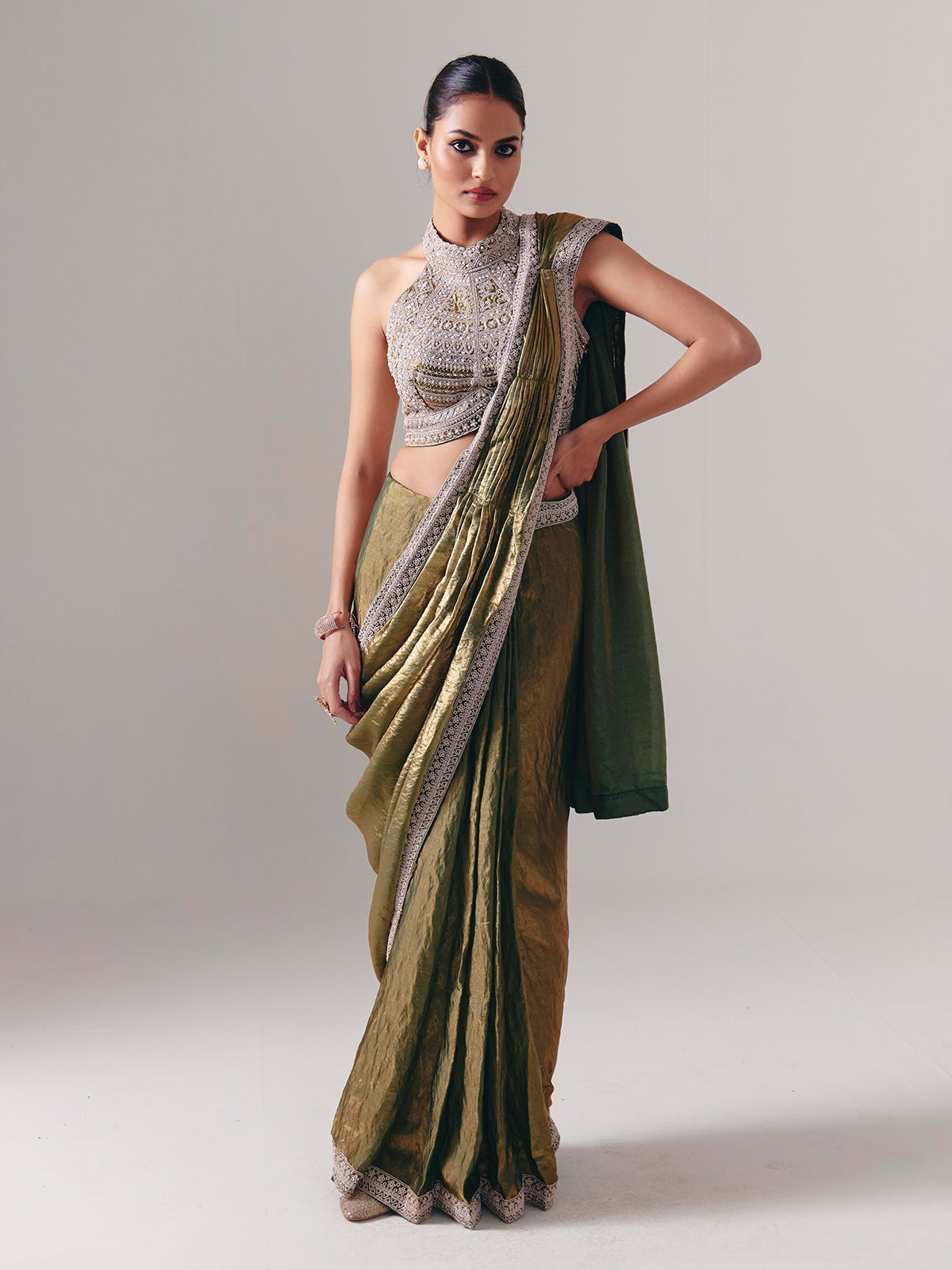 Pastel olive chiffon silk ready to wear saree for wedding celebration