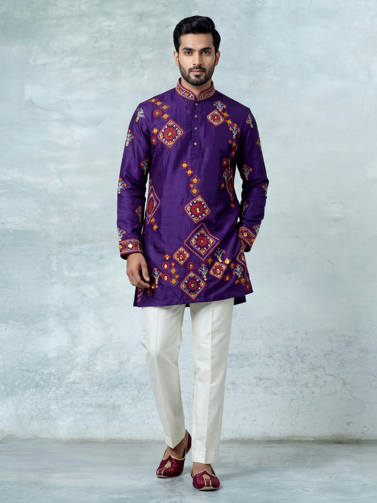 Deep purple raw silk men kurta suit