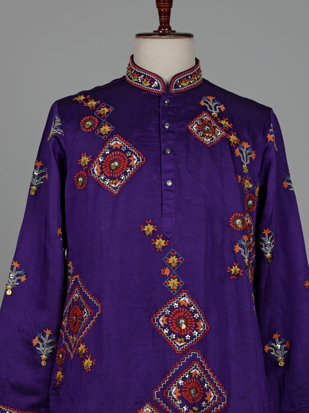 Deep purple raw silk men kurta suit
