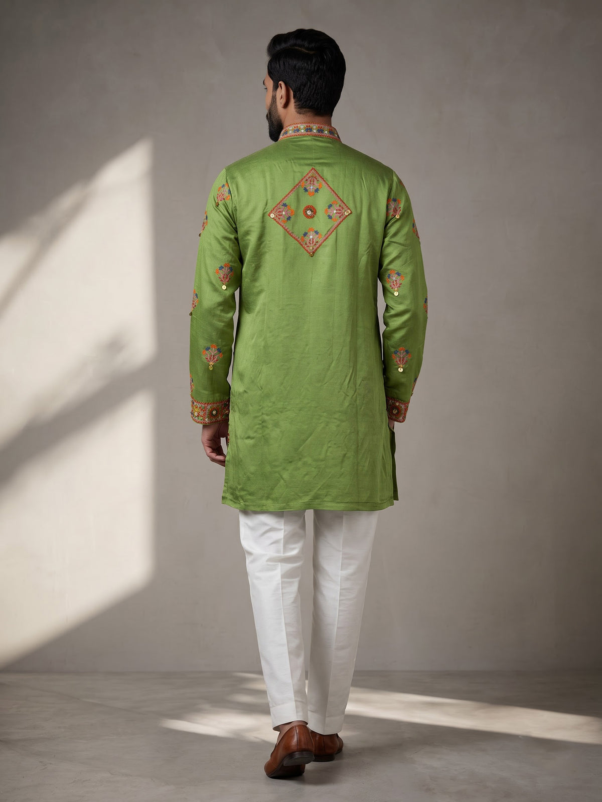 Parrot green kutchi folk raw silk men kurta suit