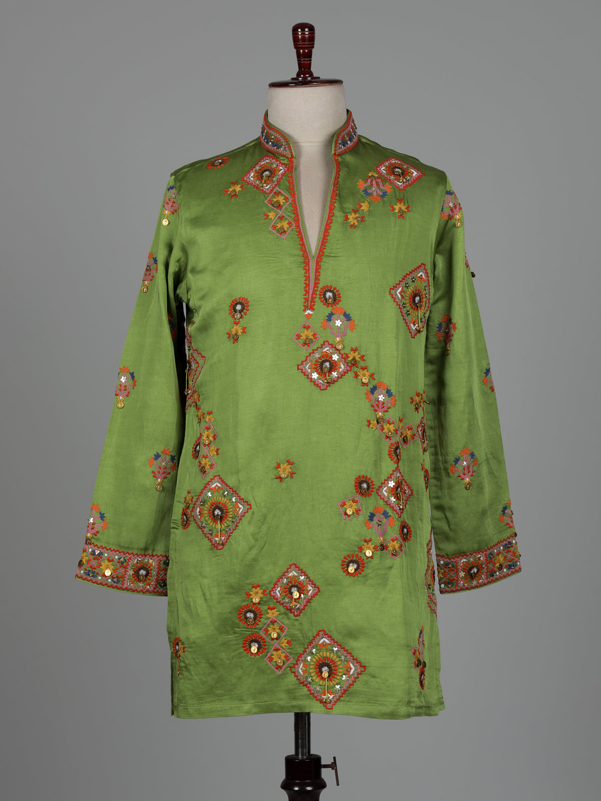 Parrot green kutchi folk raw silk men kurta suit