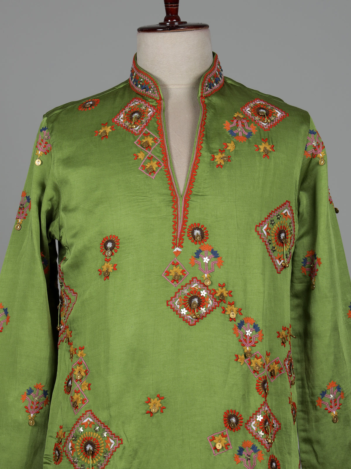 Parrot green kutchi folk raw silk men kurta suit