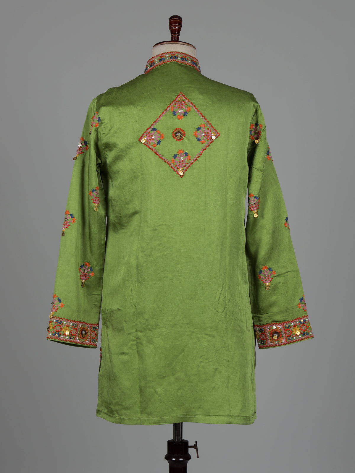Parrot green kutchi folk raw silk men kurta suit