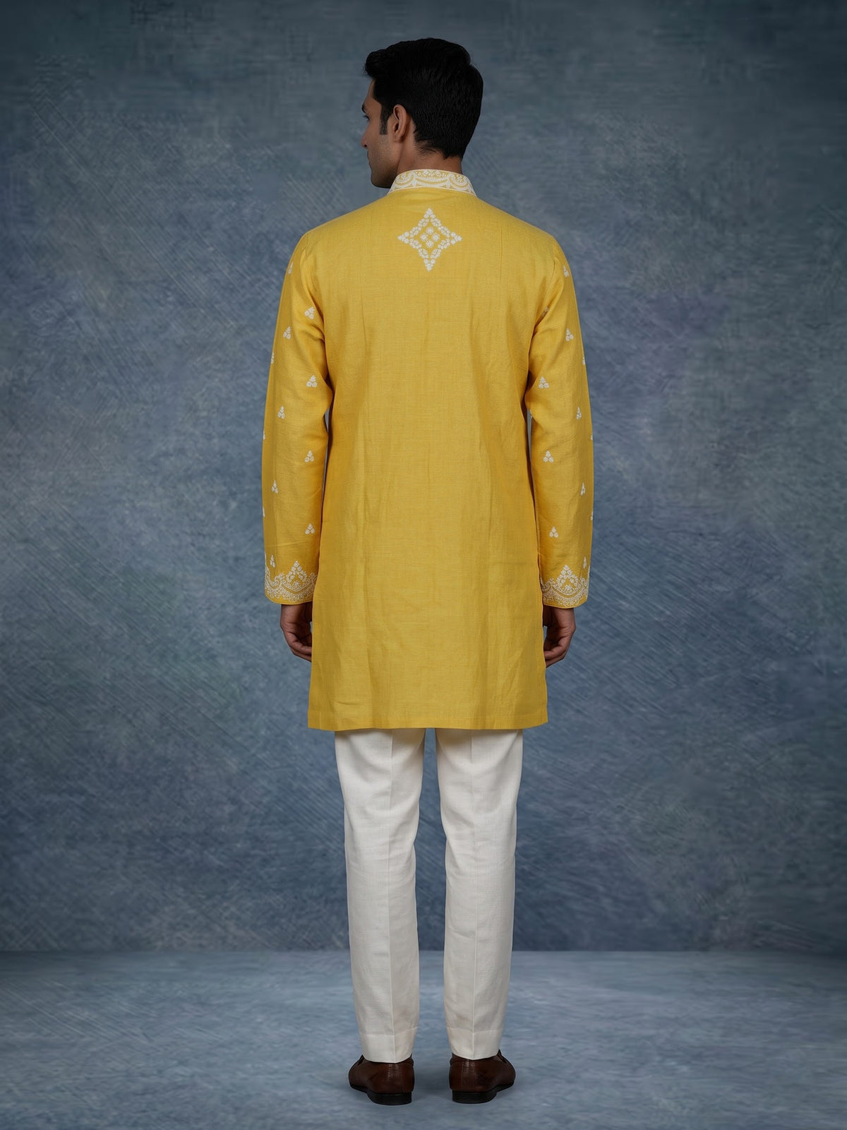 Yellow ivory botanical cotton linen men kurta suit