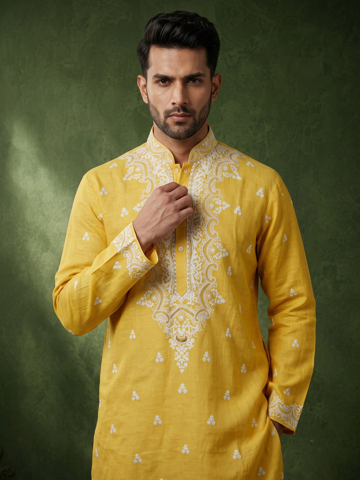 Yellow chikankari cotton linen men kurta suit