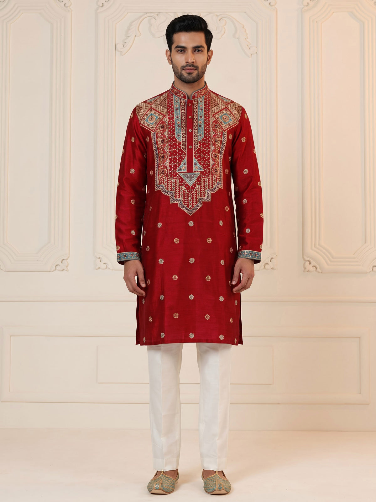 Crimson red chevron embroidered raw silk men kurta suit
