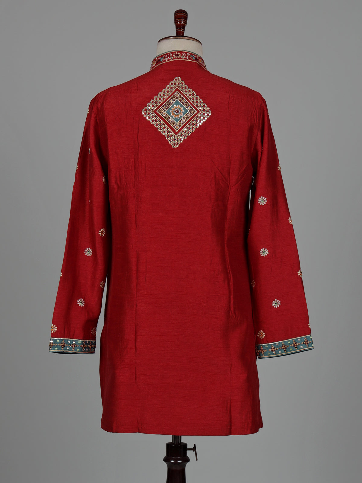 Crimson red chevron embroidered raw silk men kurta suit