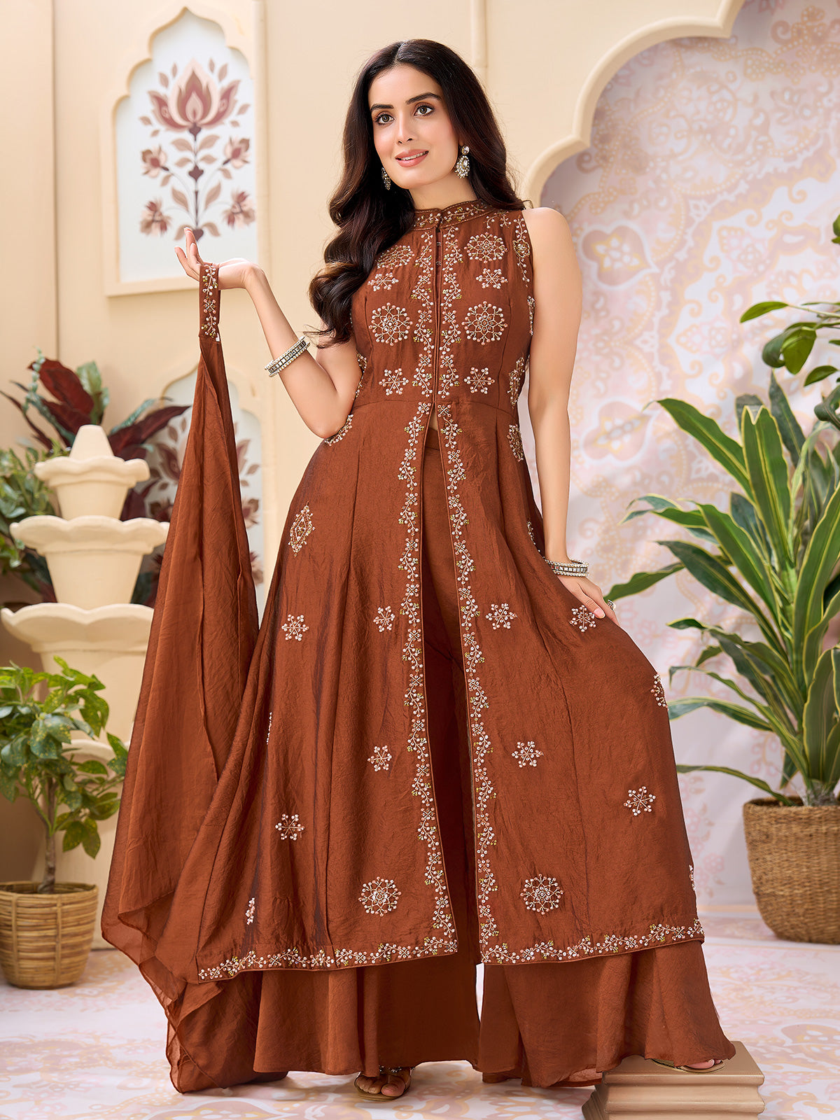 Rust brown silk anarkali suit with cutdana bead embellishments
