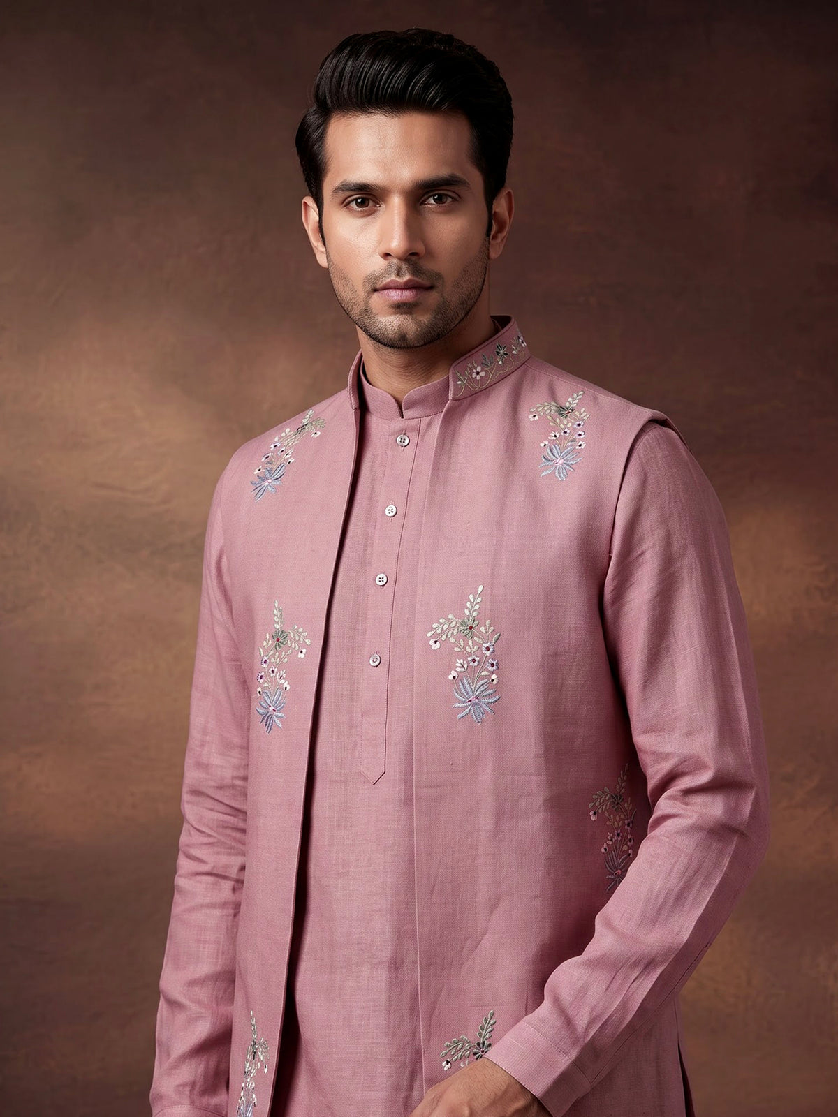 Onion pink cotton silk mens waistcoat set with floral pearl work