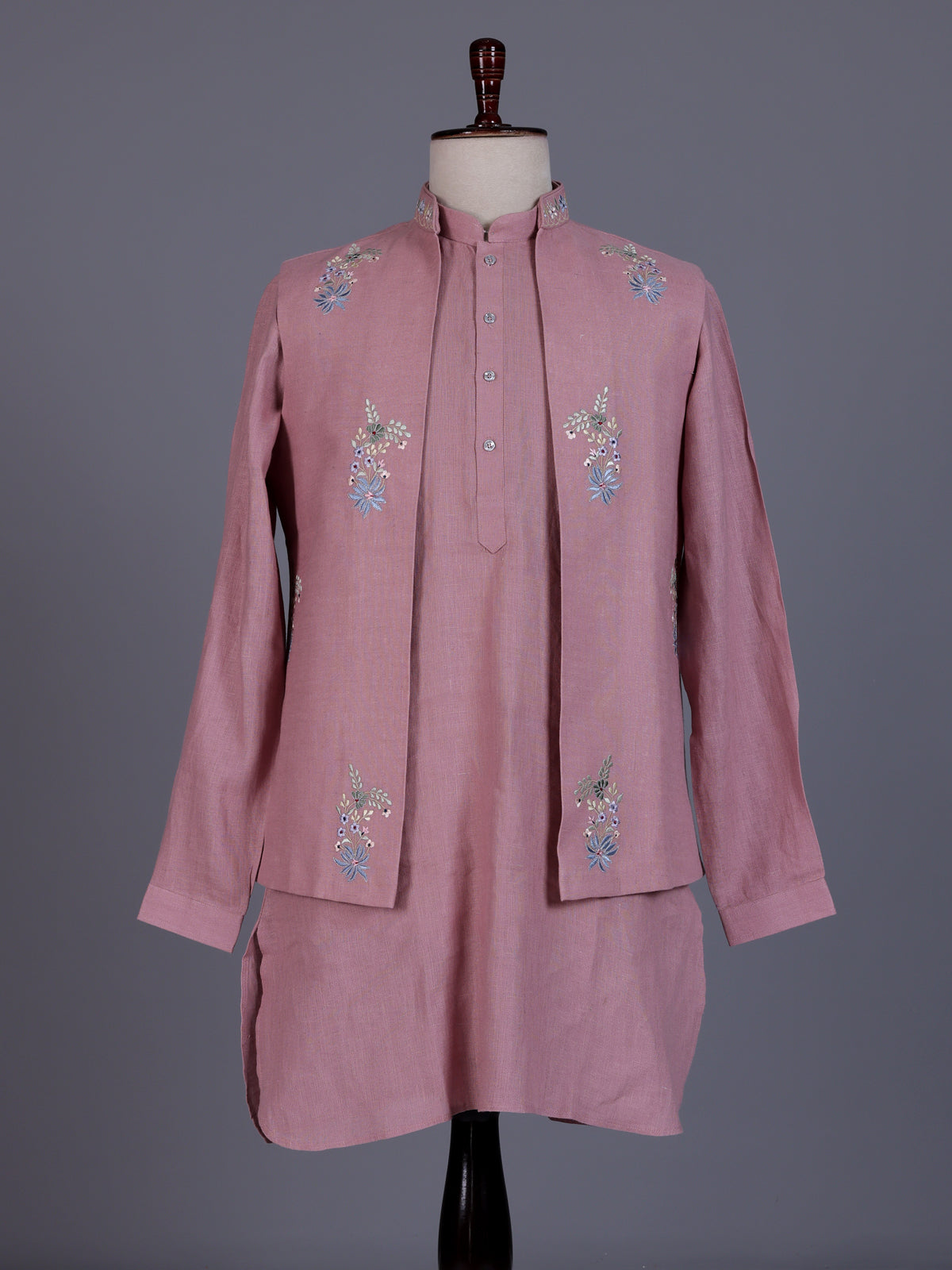 Onion pink cotton silk mens waistcoat set with floral pearl work