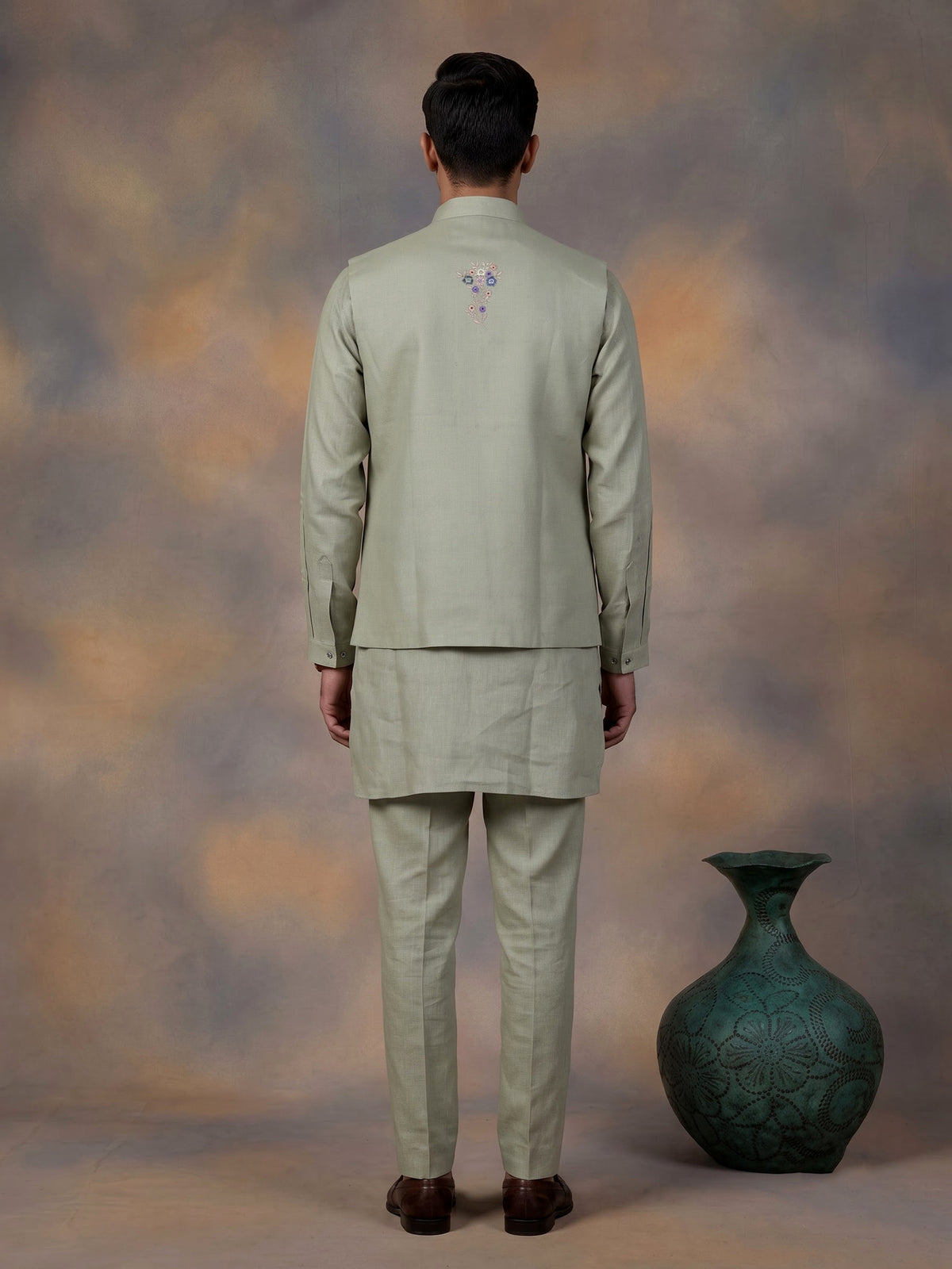 Pista green cotton silk mens waistcoat set with pearl embroidery