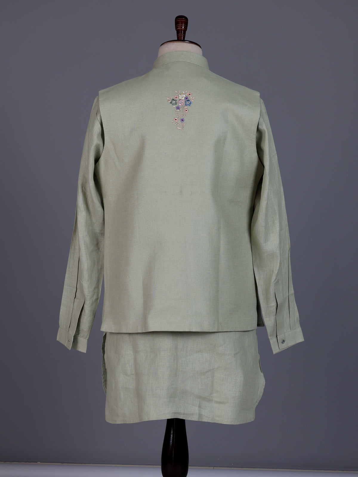 Pista green cotton silk mens waistcoat set with pearl embroidery