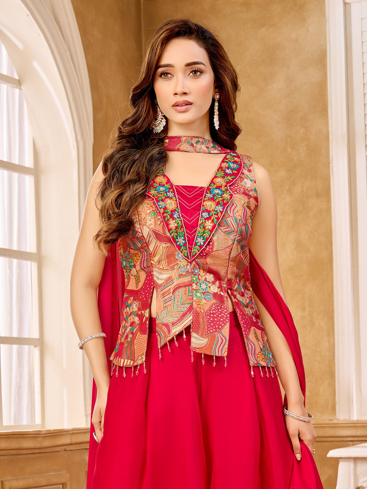 Rani pink brocade designer salwar suit with zardosi collar