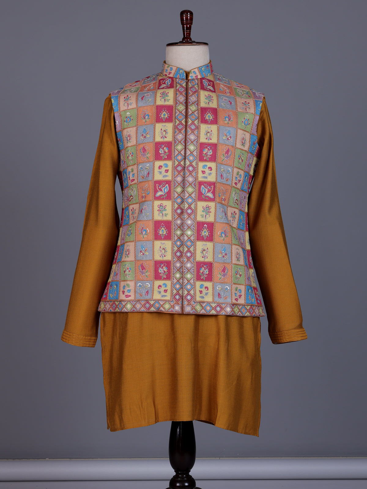 Rust orange silk mens waistcoat set with folk motif embellishments