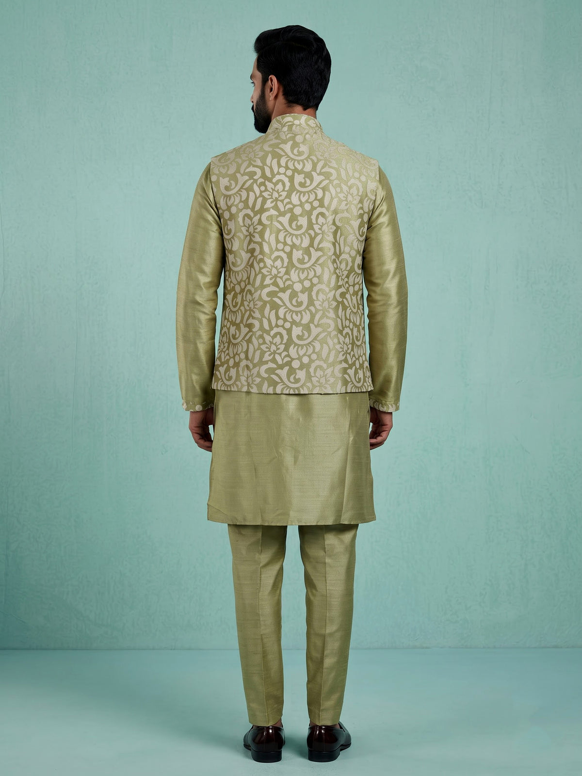 Pista green silk mens waistcoat set with floral sequin detailing
