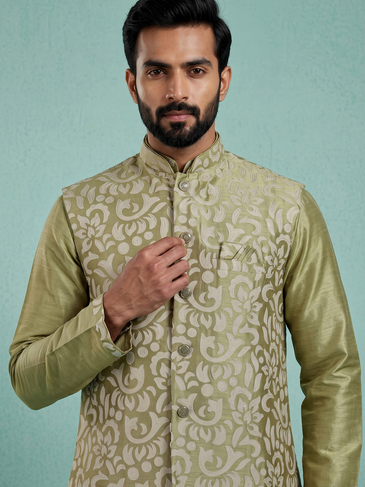Pista green silk mens waistcoat set with floral sequin detailing