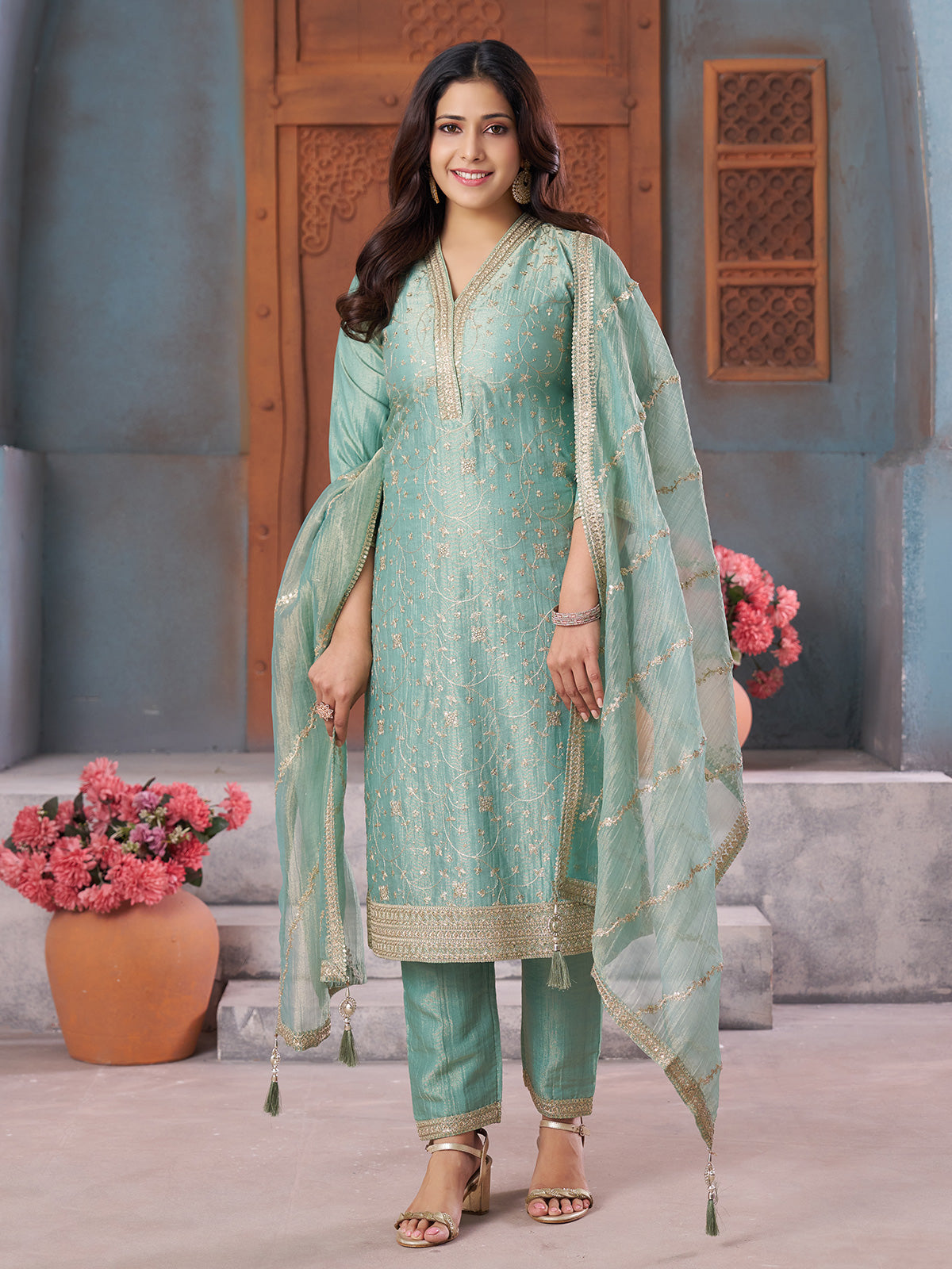 Mint green chiffon tissue salwar suit with embroidered V-neck