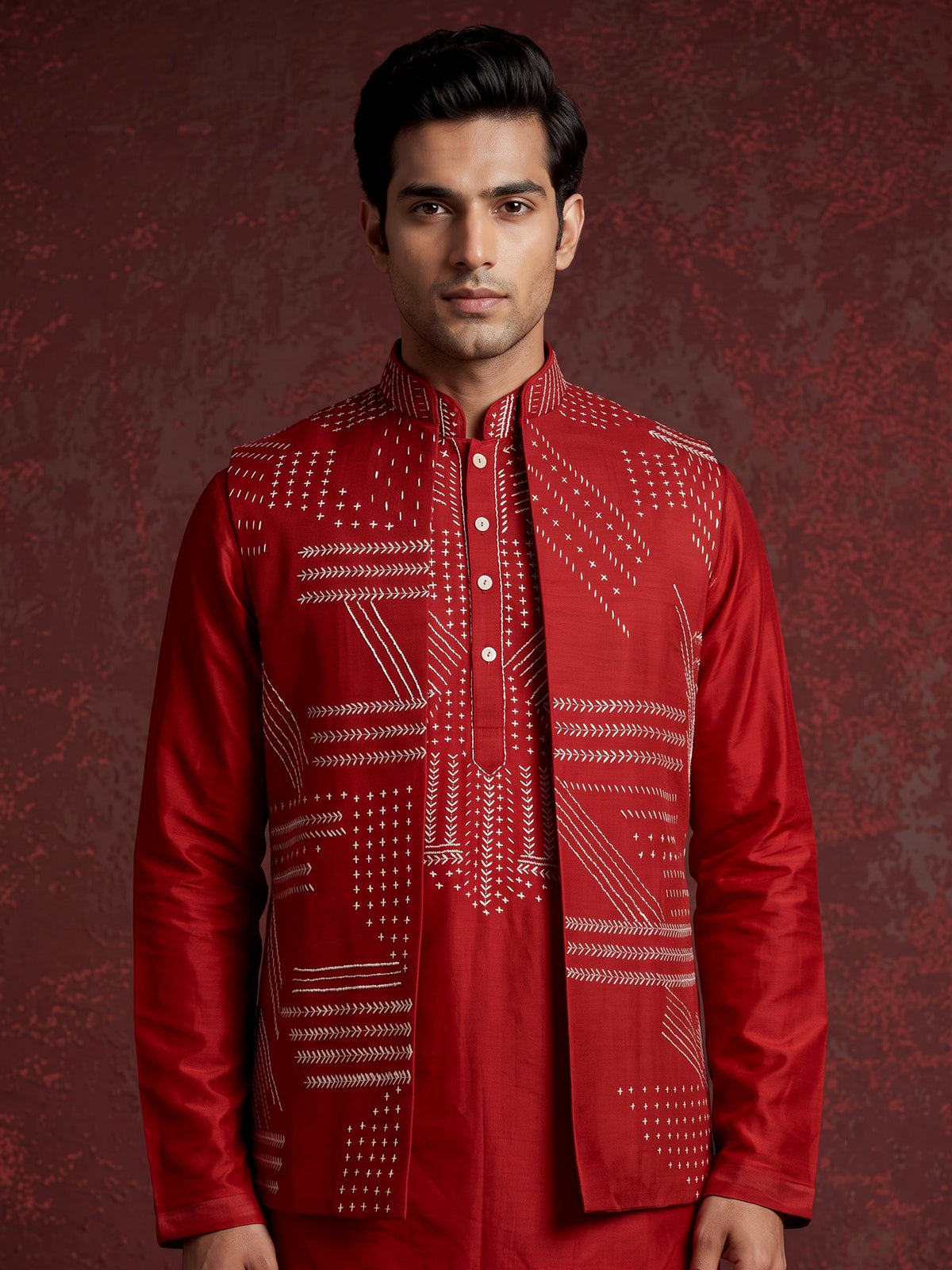 Dark red nehru jacket cotton linen men waistcoat set