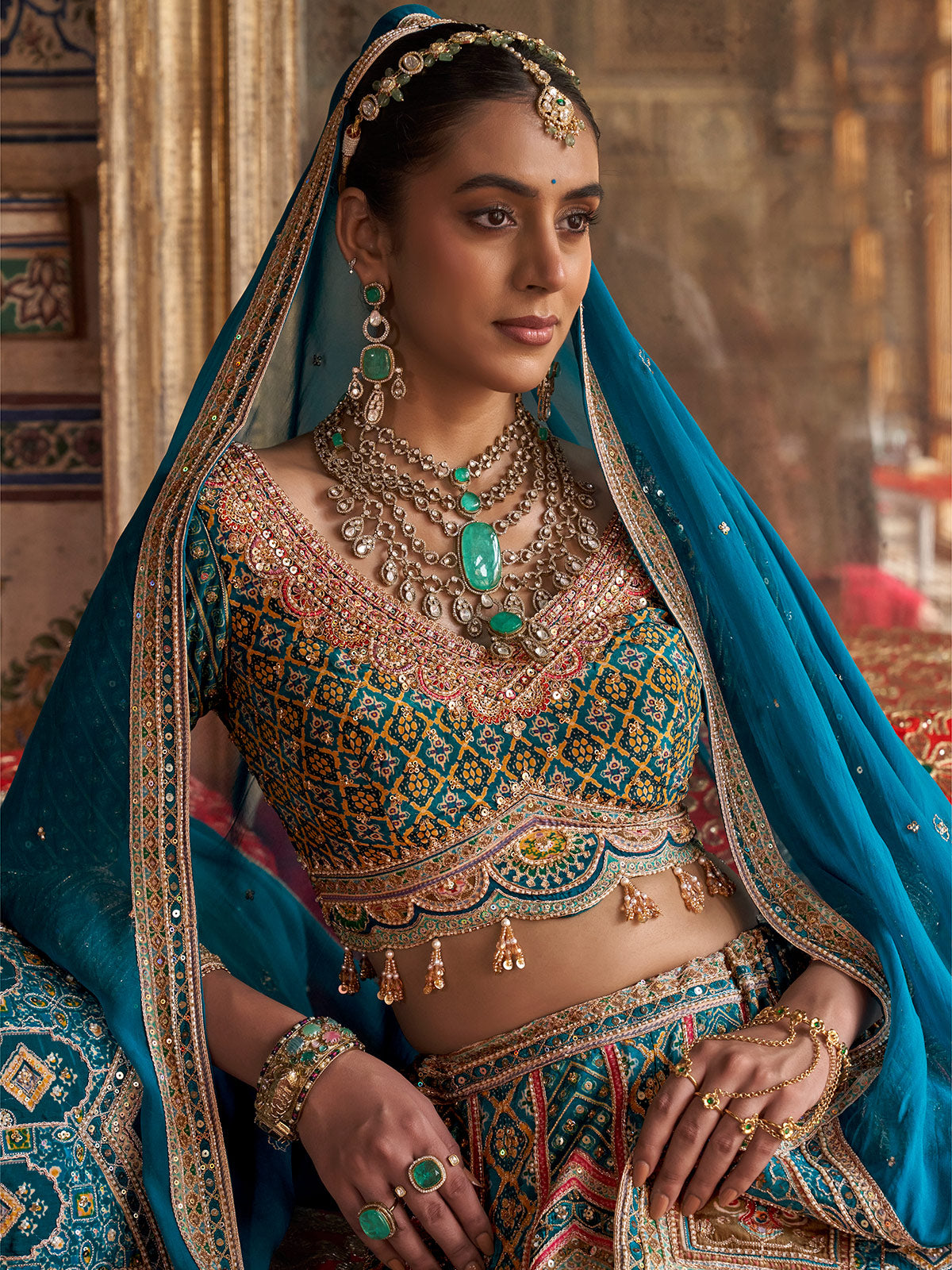Rama blue patola inspired women bridal lehenga choli