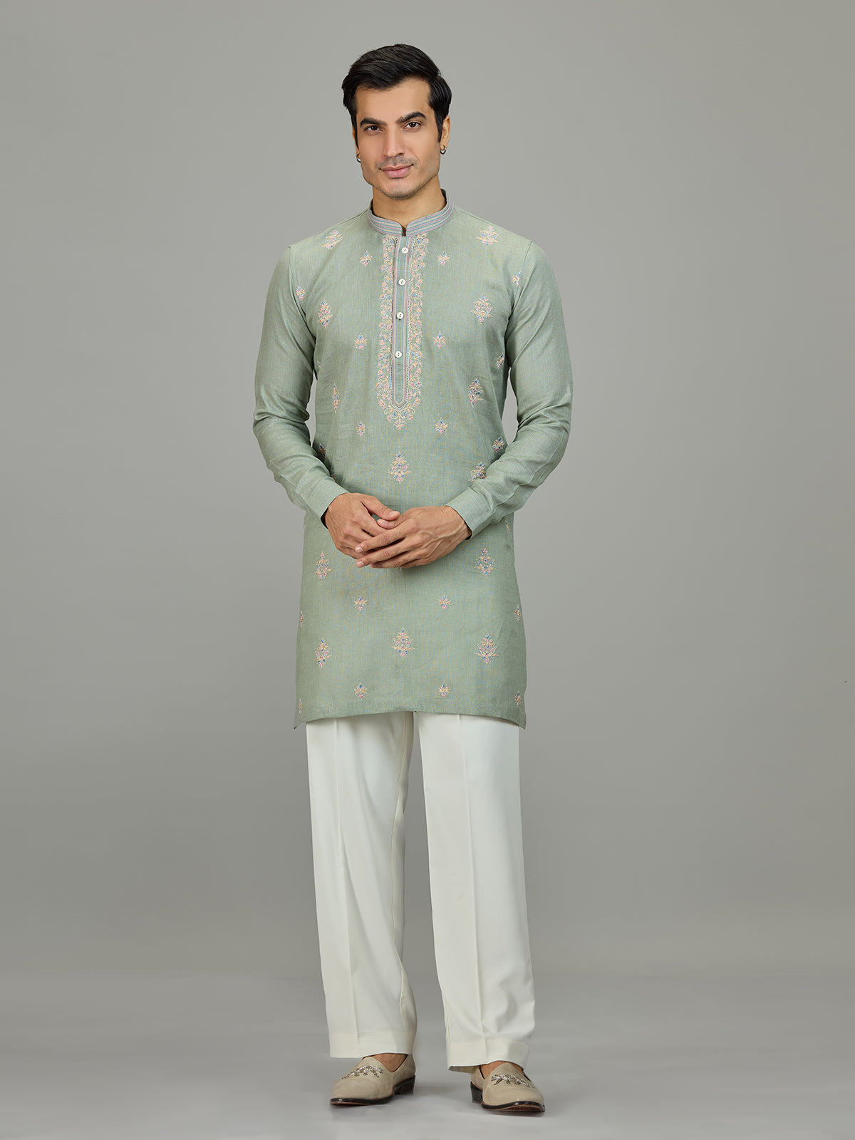 Pista green floral zardosi linen men kurta suit
