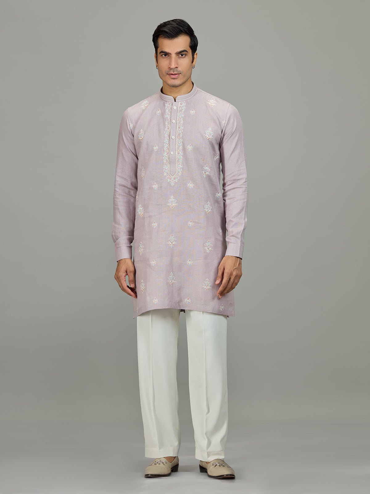 Lilac purple zardosi linen men kurta suit