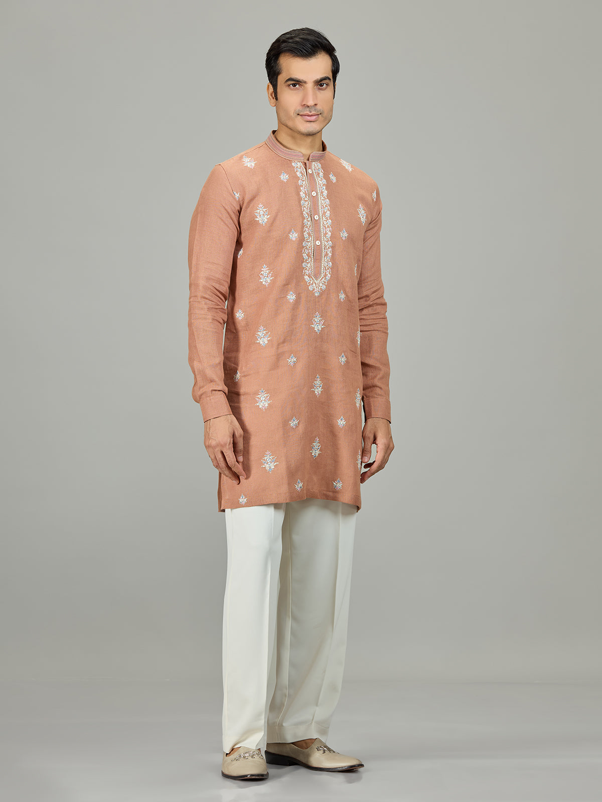 Rust peach royal botanical linen men kurta suit