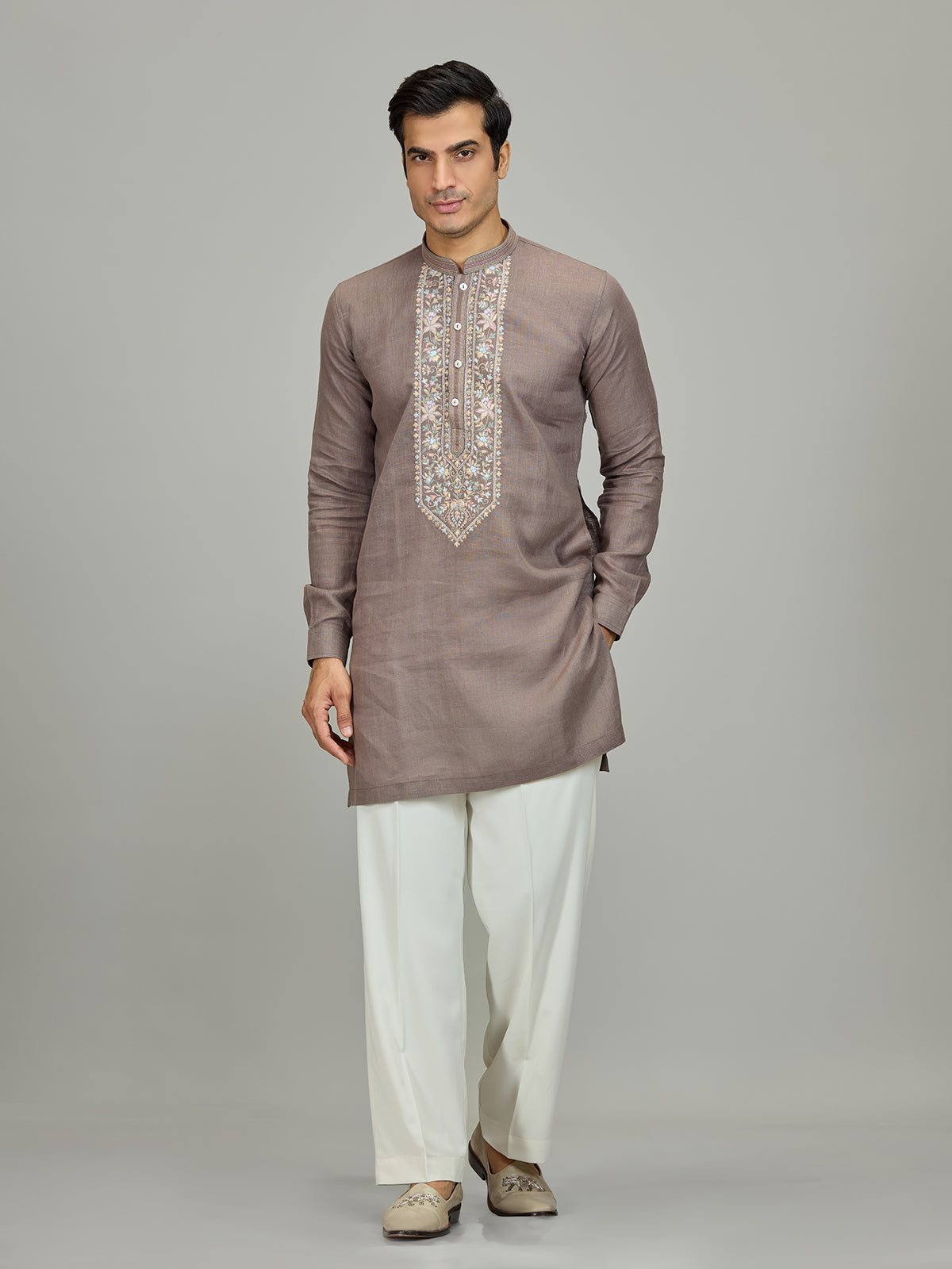 Grey botanical embroidered linen men kurta suit