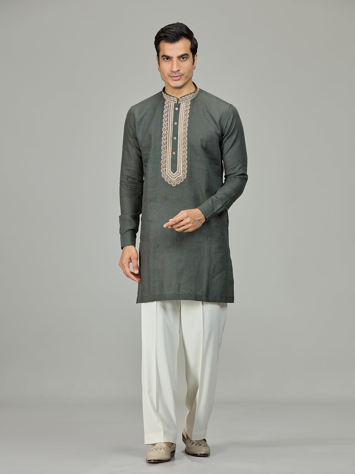 Olive green leafy embroidery linen men kurta suit