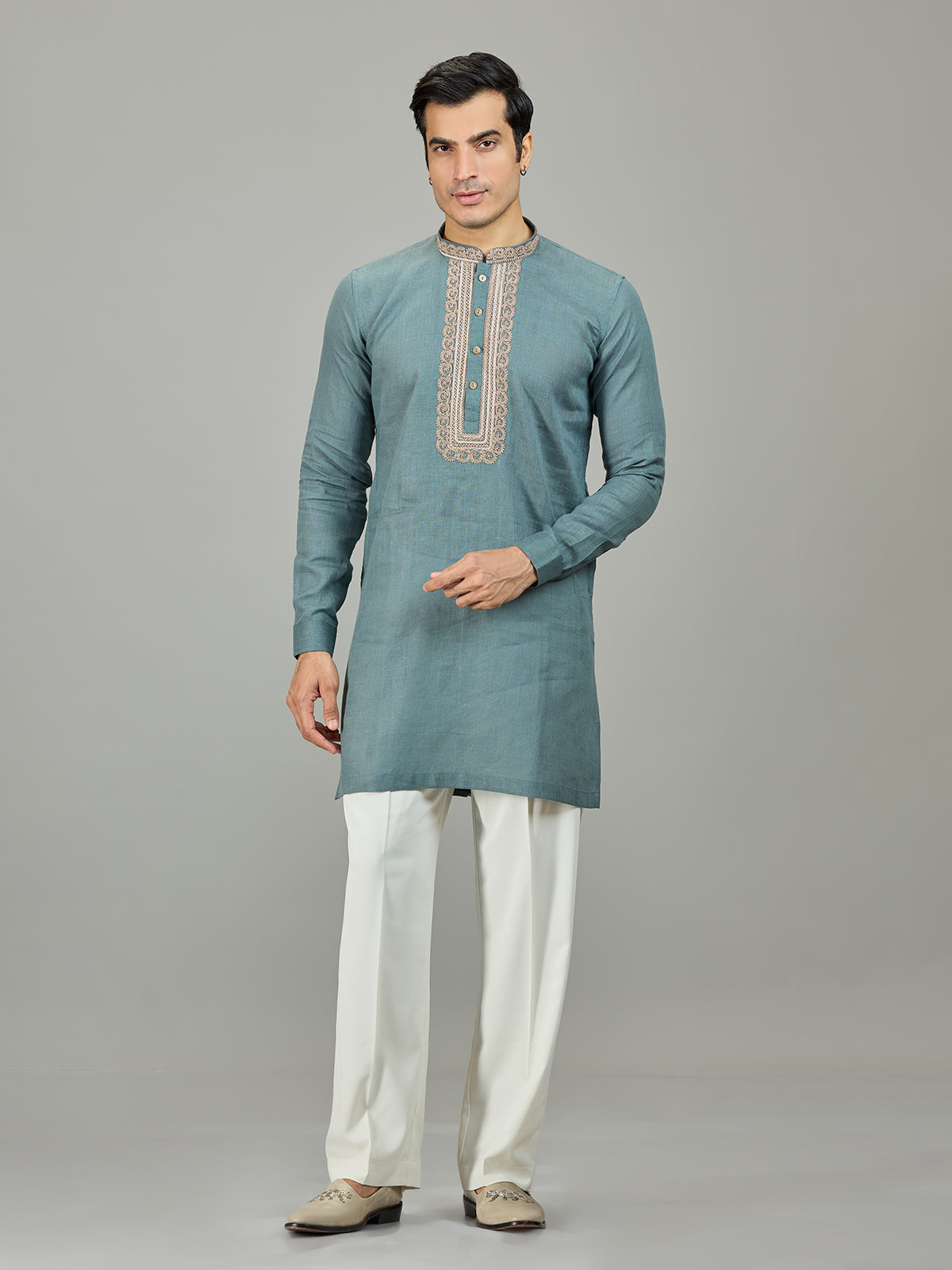 Sage green leaf border linen men kurta suit