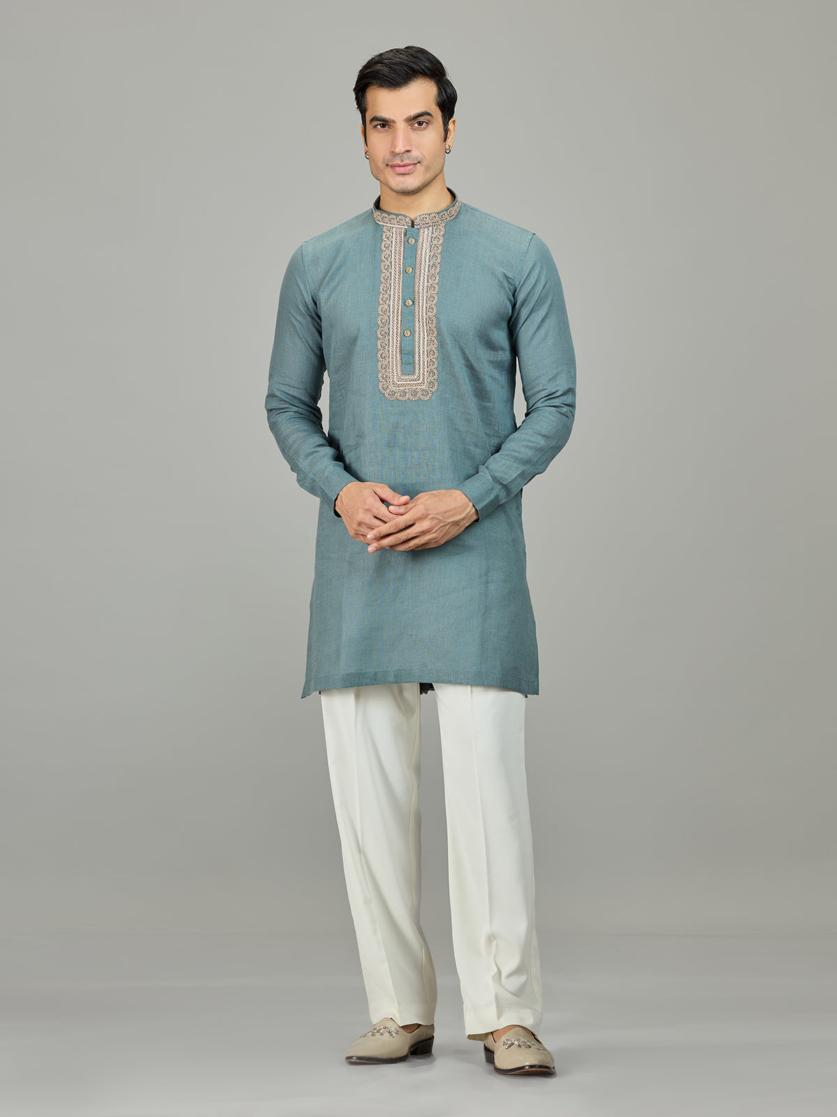 Sage green leaf border linen men kurta suit