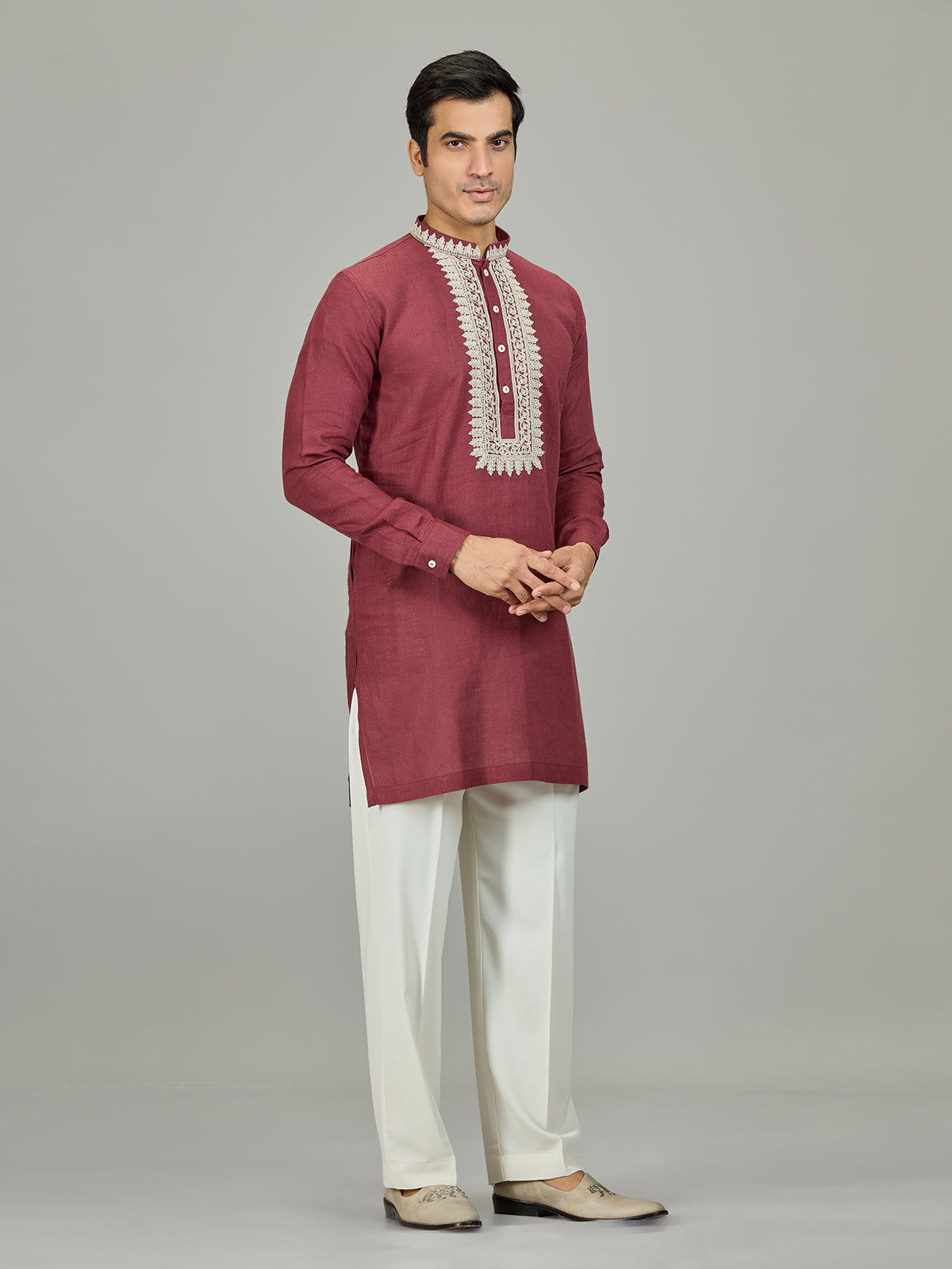 Maroon heritage border linen men kurta suit