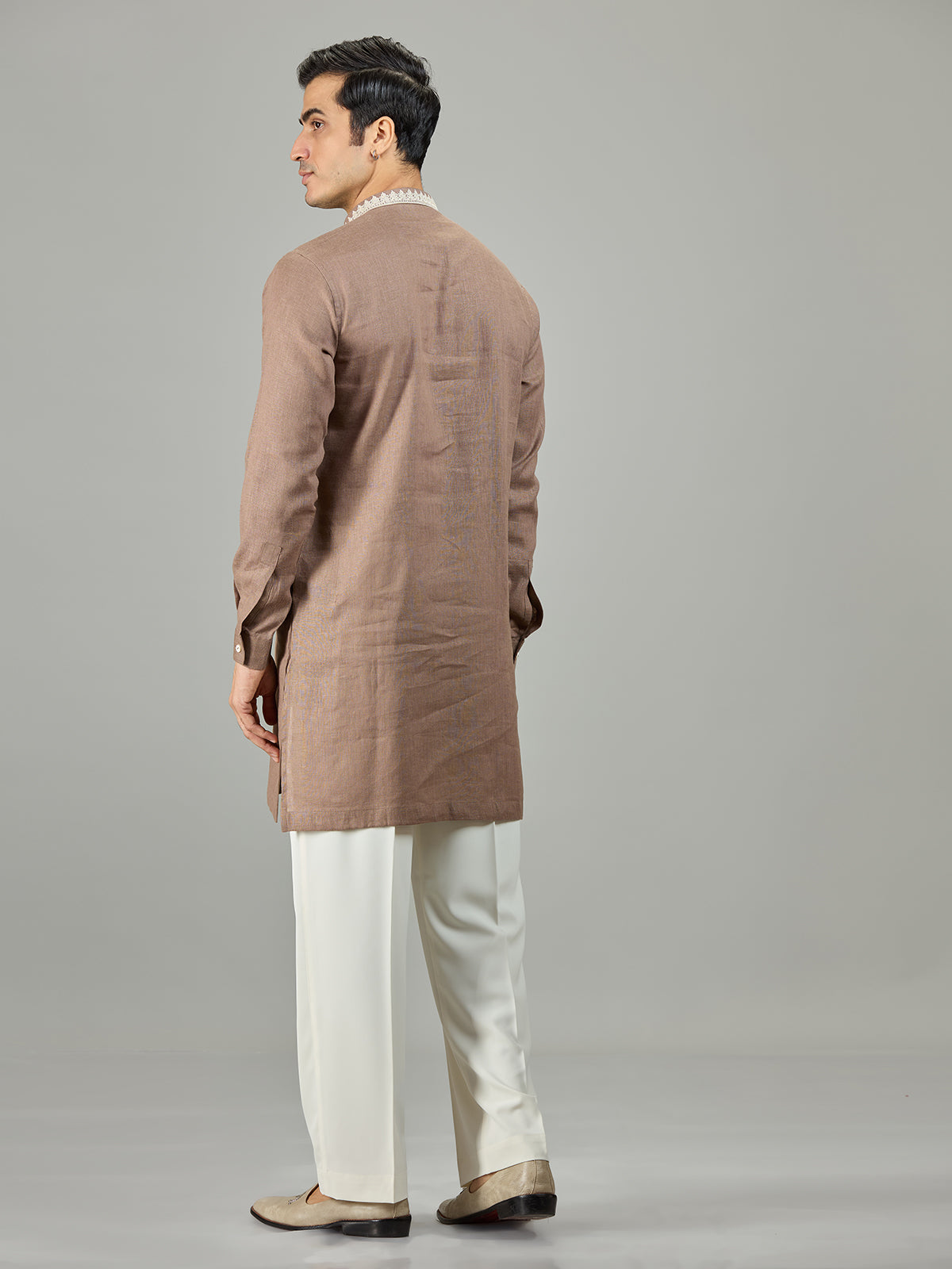 Brown chikan inspired zardosi linen men kurta suit