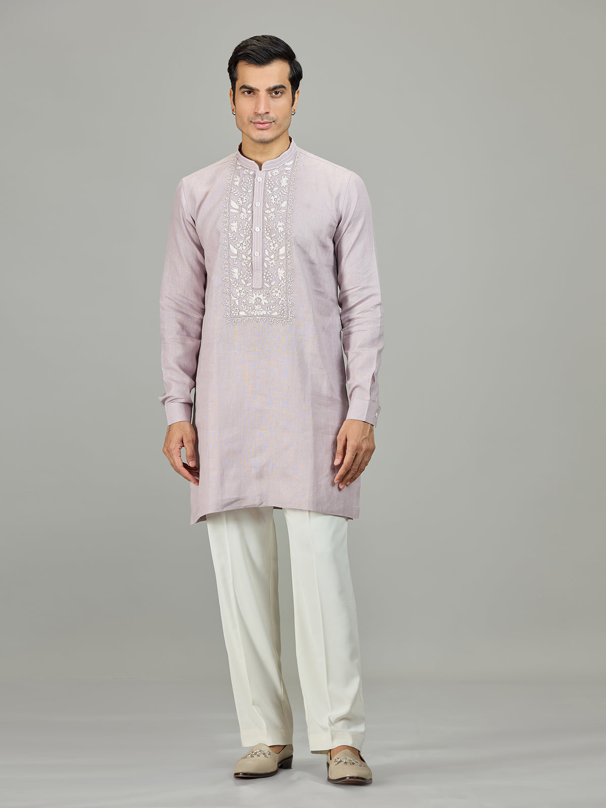 Lilac purple royal botanical linen men kurta suit