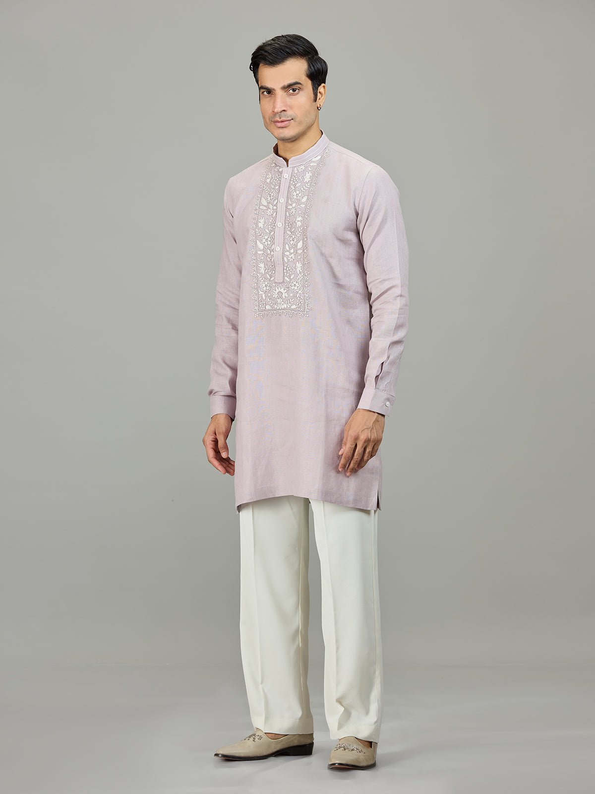Lilac purple royal botanical linen men kurta suit