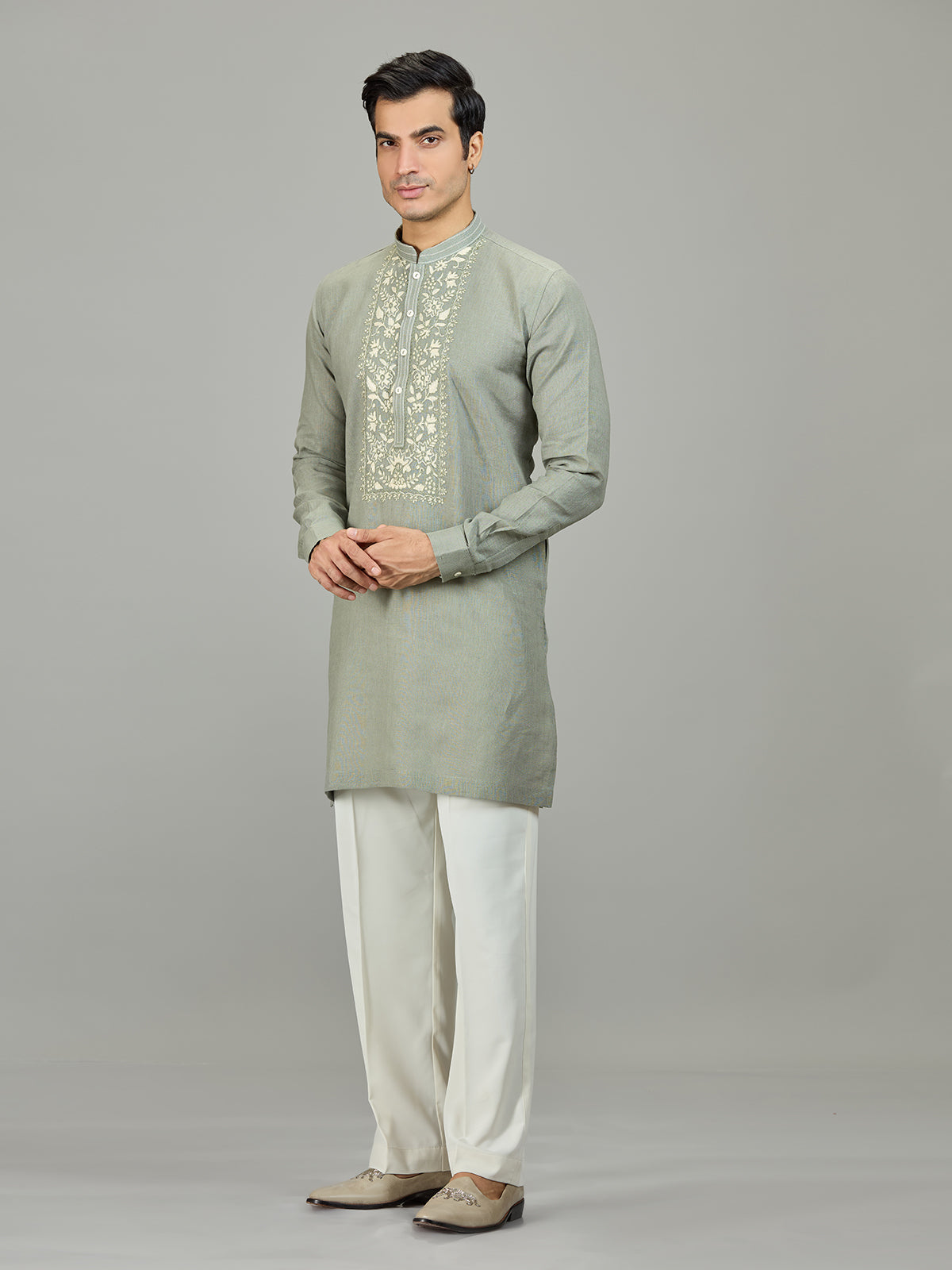 Stone green botanical panel linen men kurta suit