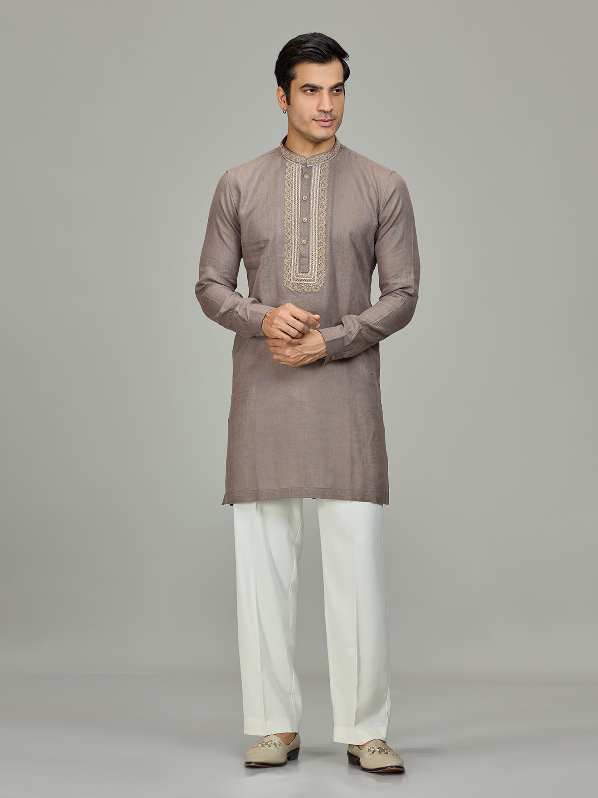 Grey leaf motif zardosi linen men kurta suit