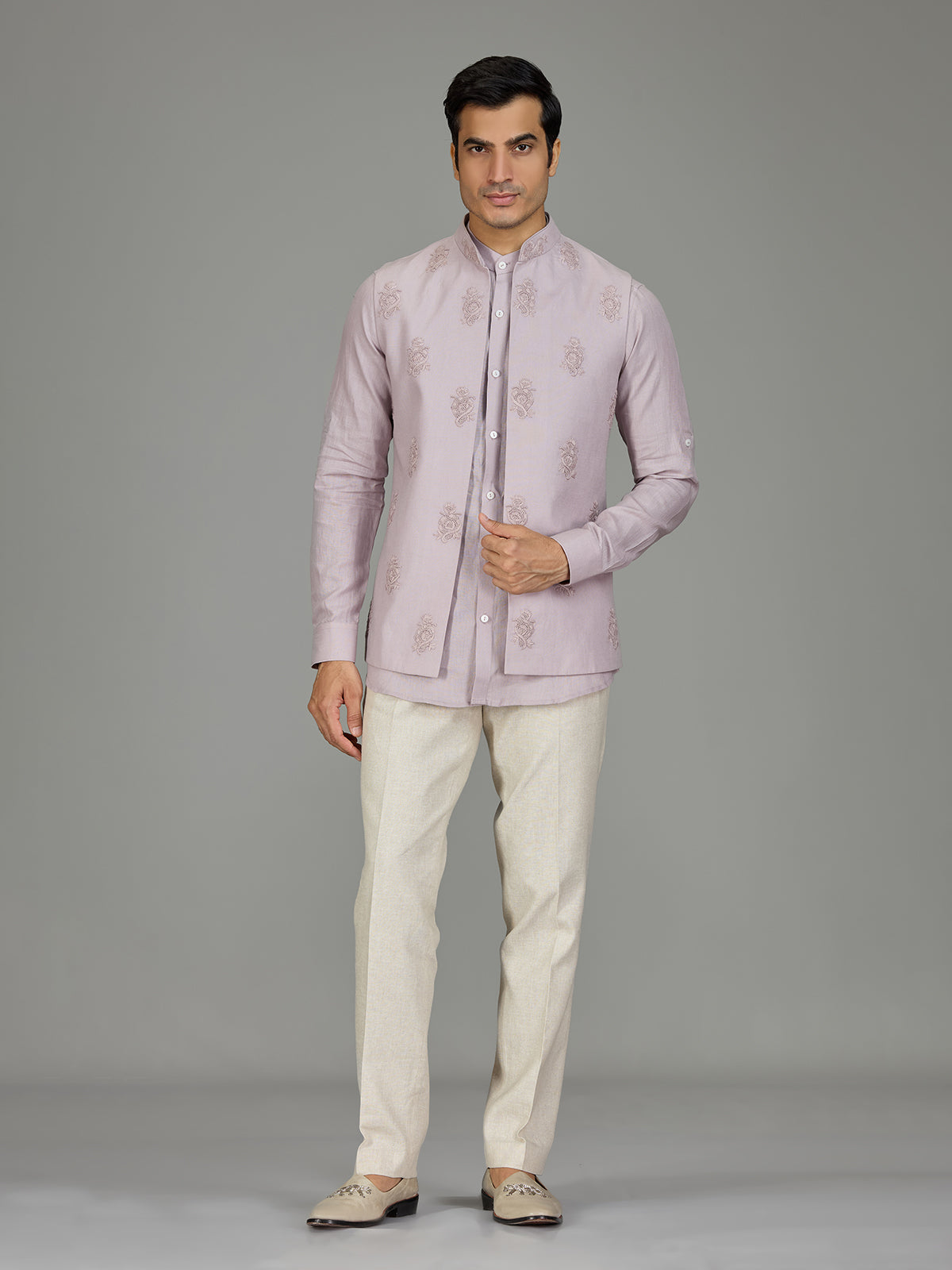 Lilac purple festive paisley linen waistcoat set