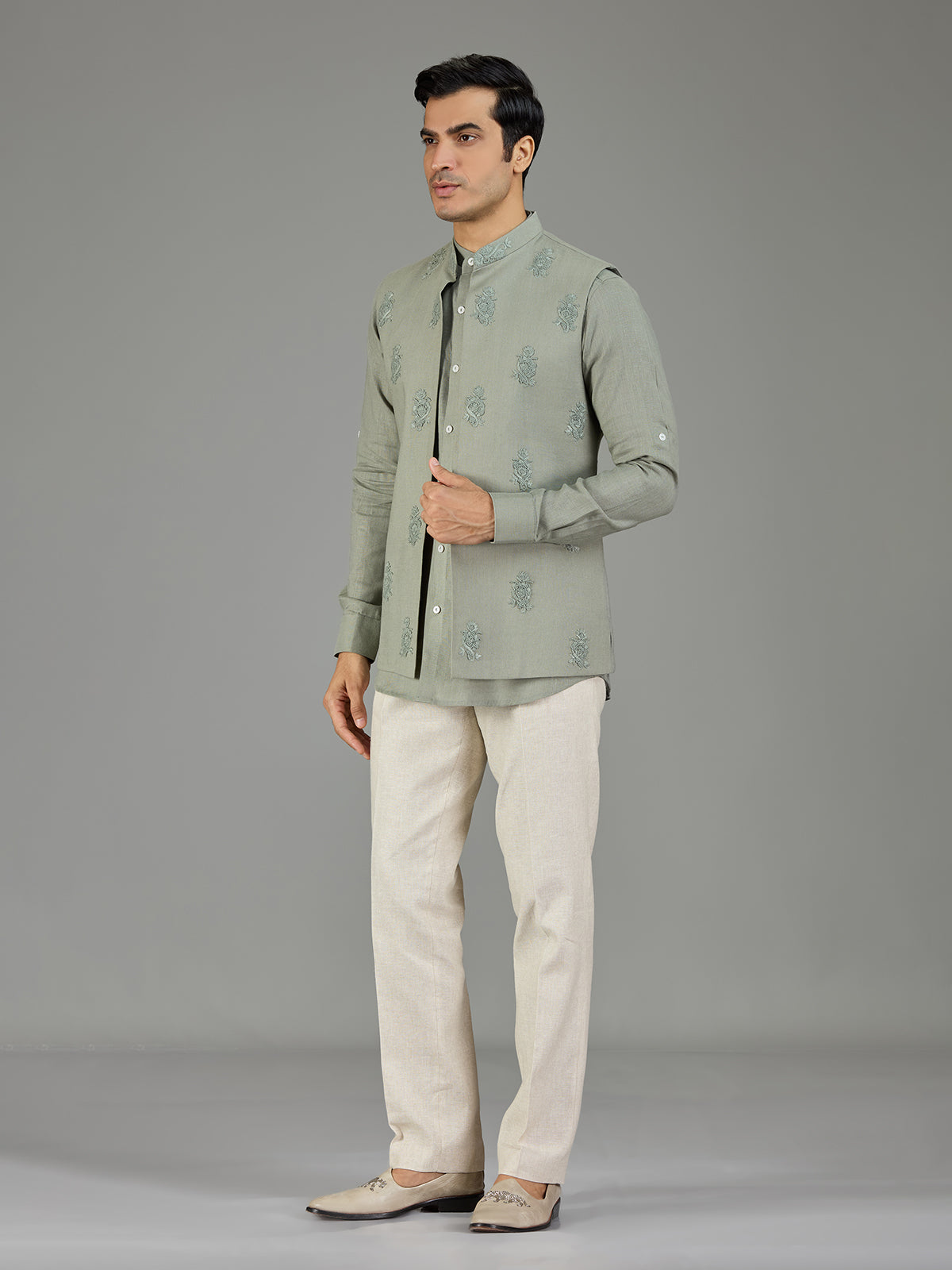 Pista green royal embroidered linen waistcoat set