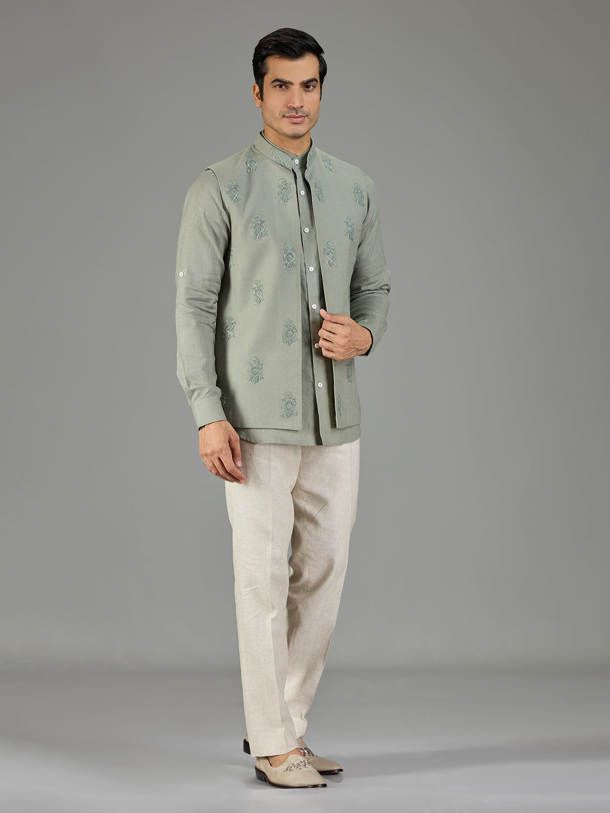 Pista green royal embroidered linen waistcoat set