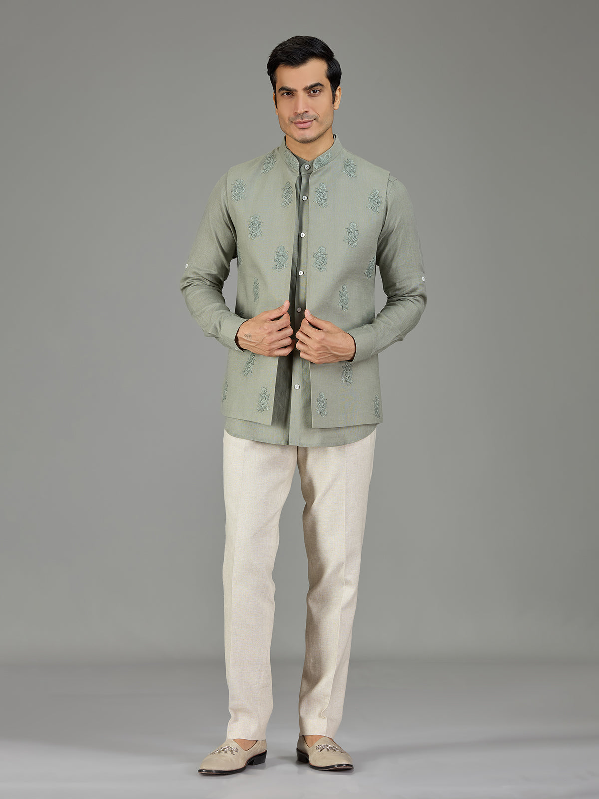 Pista green royal embroidered linen waistcoat set