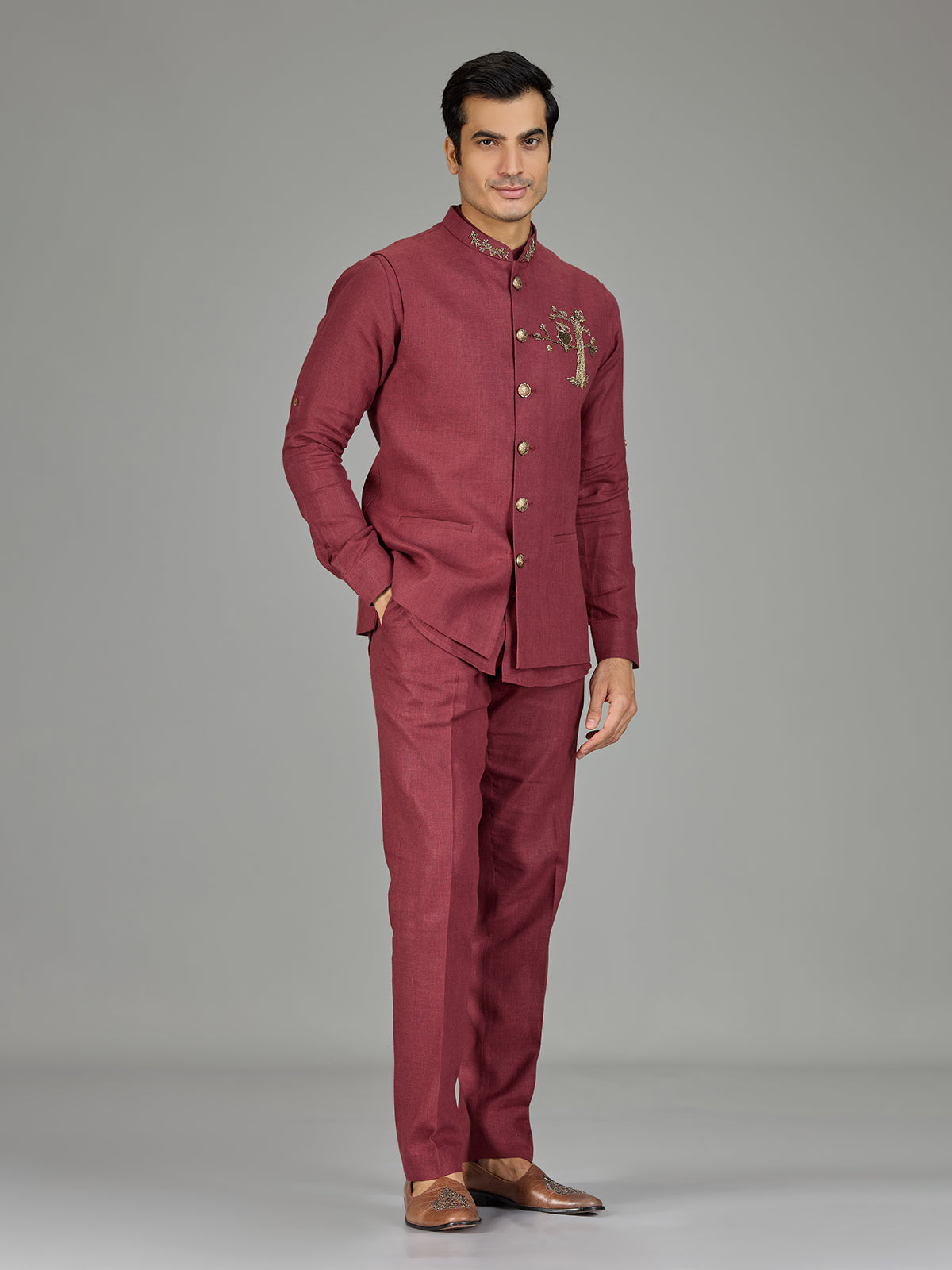 Dusty red heritage nehru jacket linen set