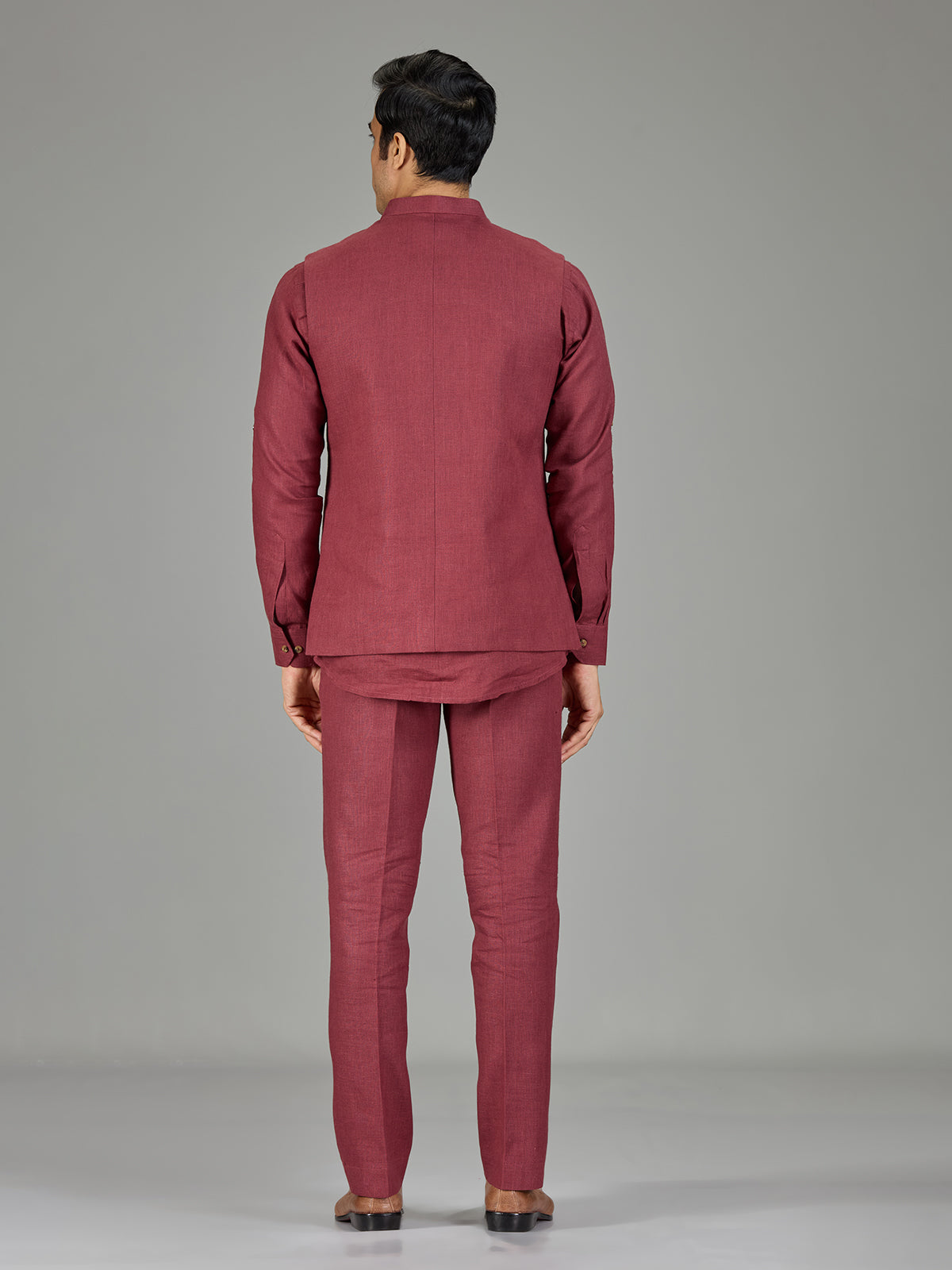 Dusty red heritage nehru jacket linen set