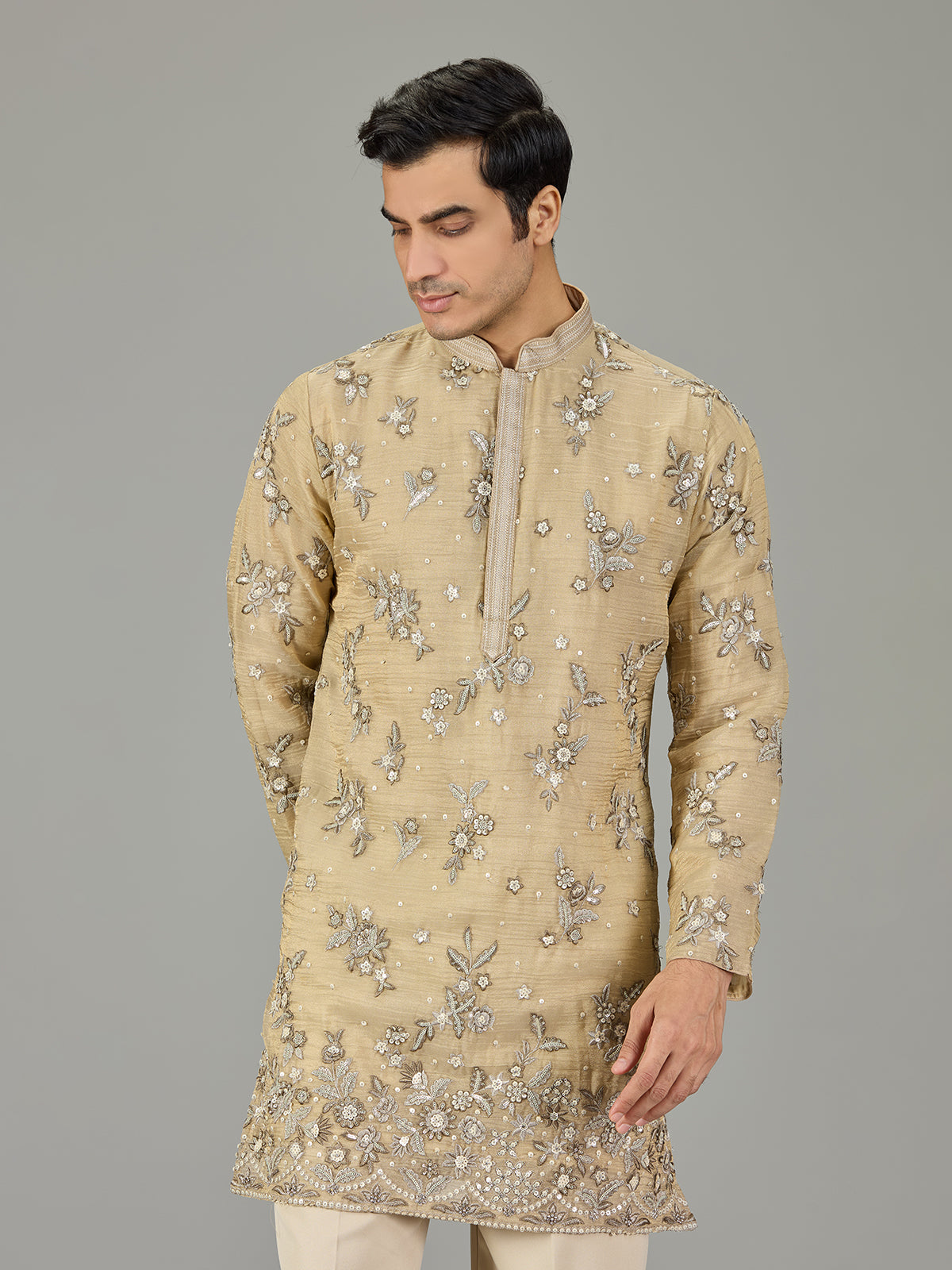 Beige slub texture floral men kurta suit