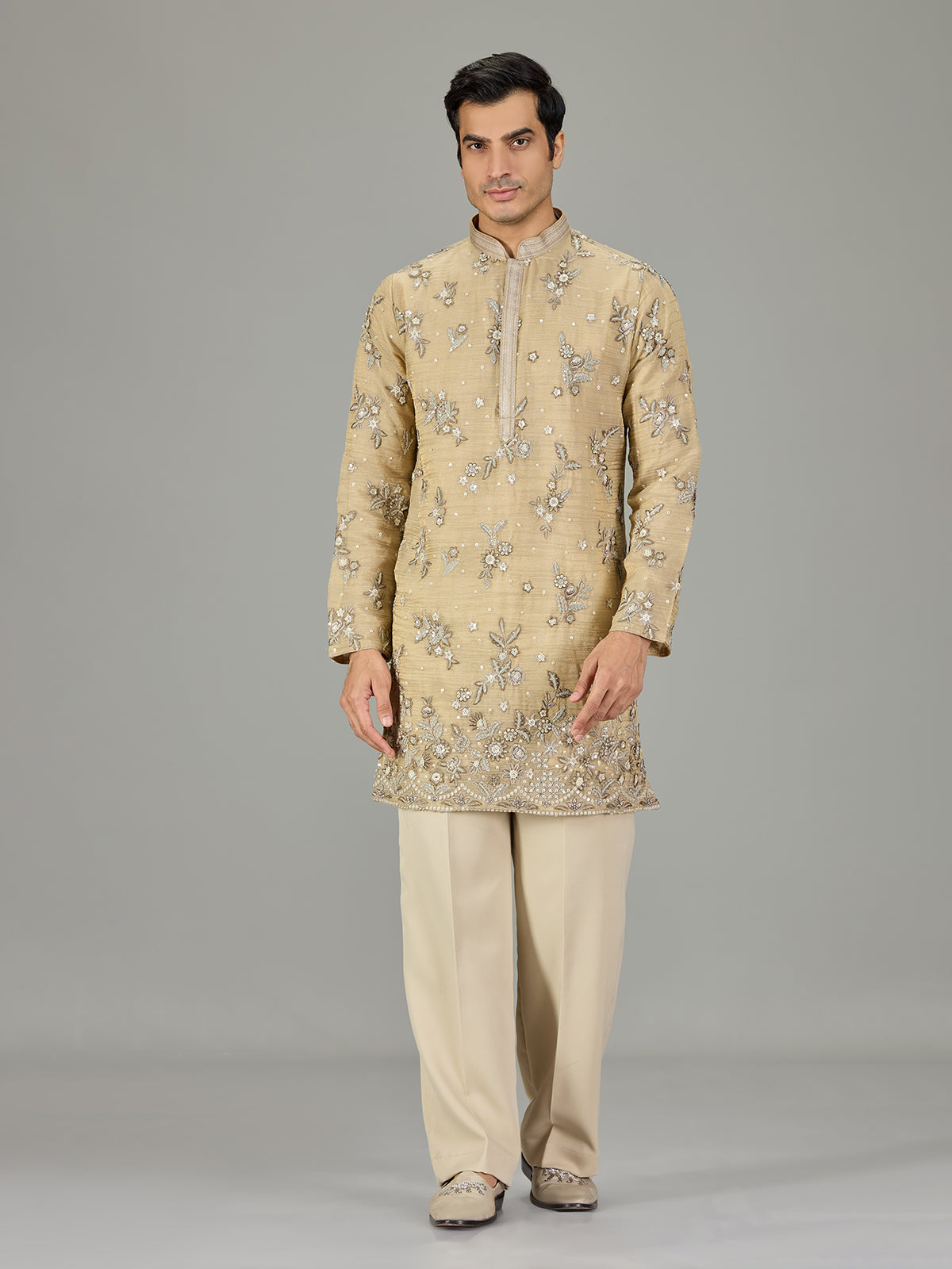Beige slub texture floral men kurta suit