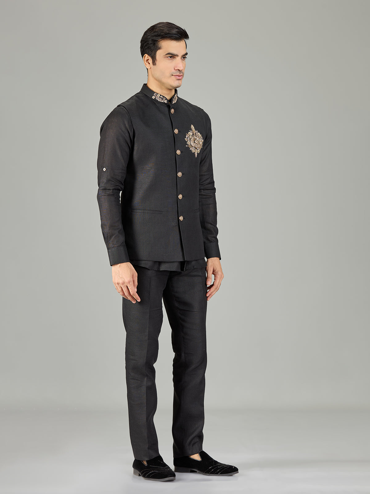 Black royal floral medallion linen waistcoat set