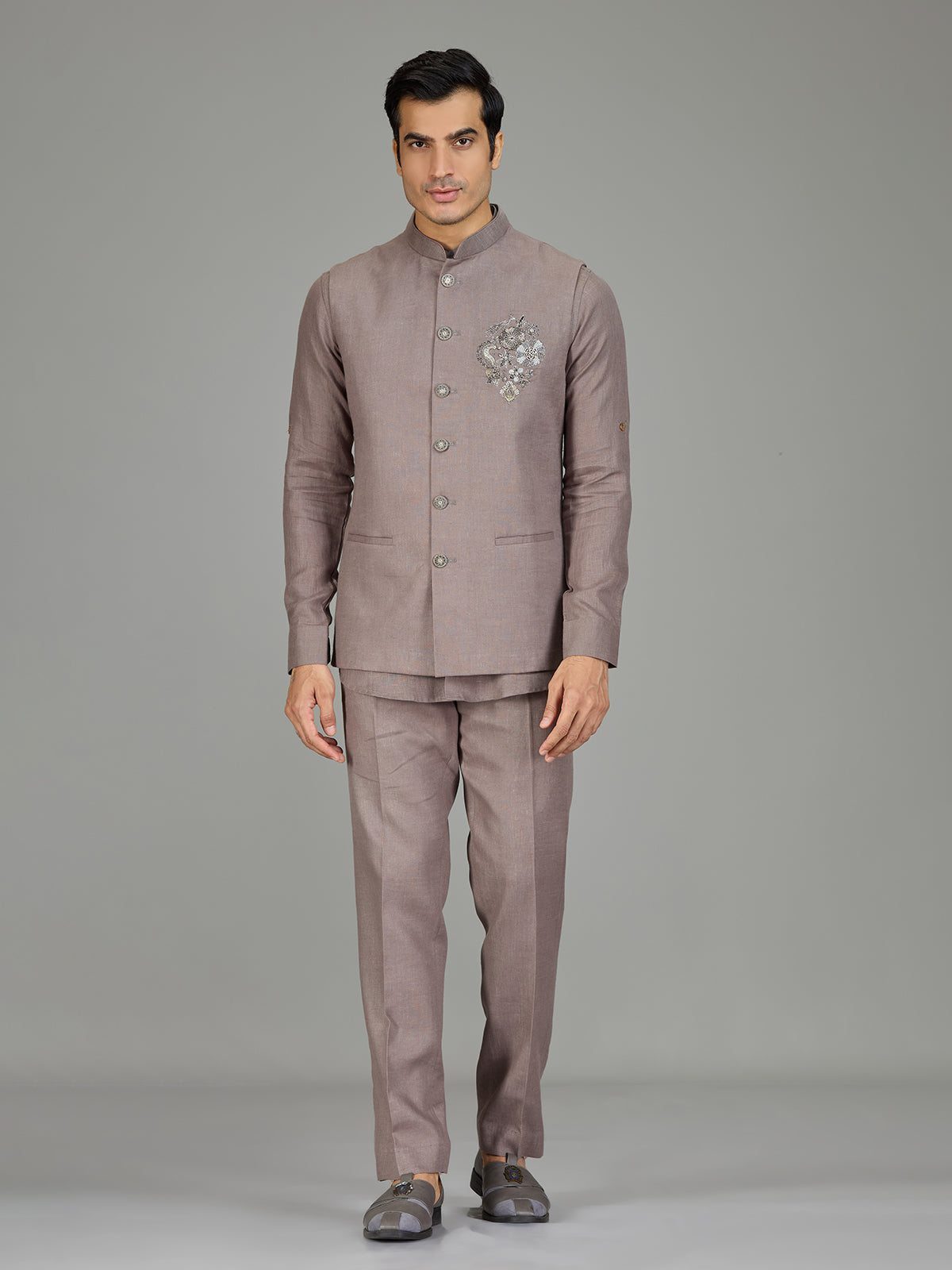 Dusty onion pink floral linen nehru jacket set