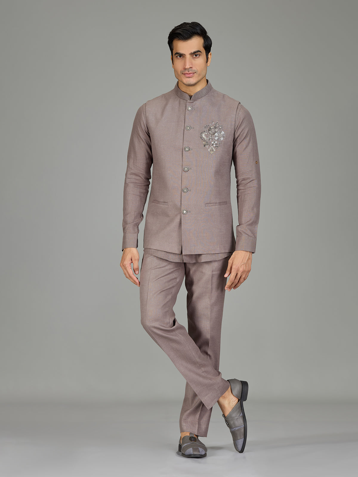 Dusty onion pink floral linen nehru jacket set