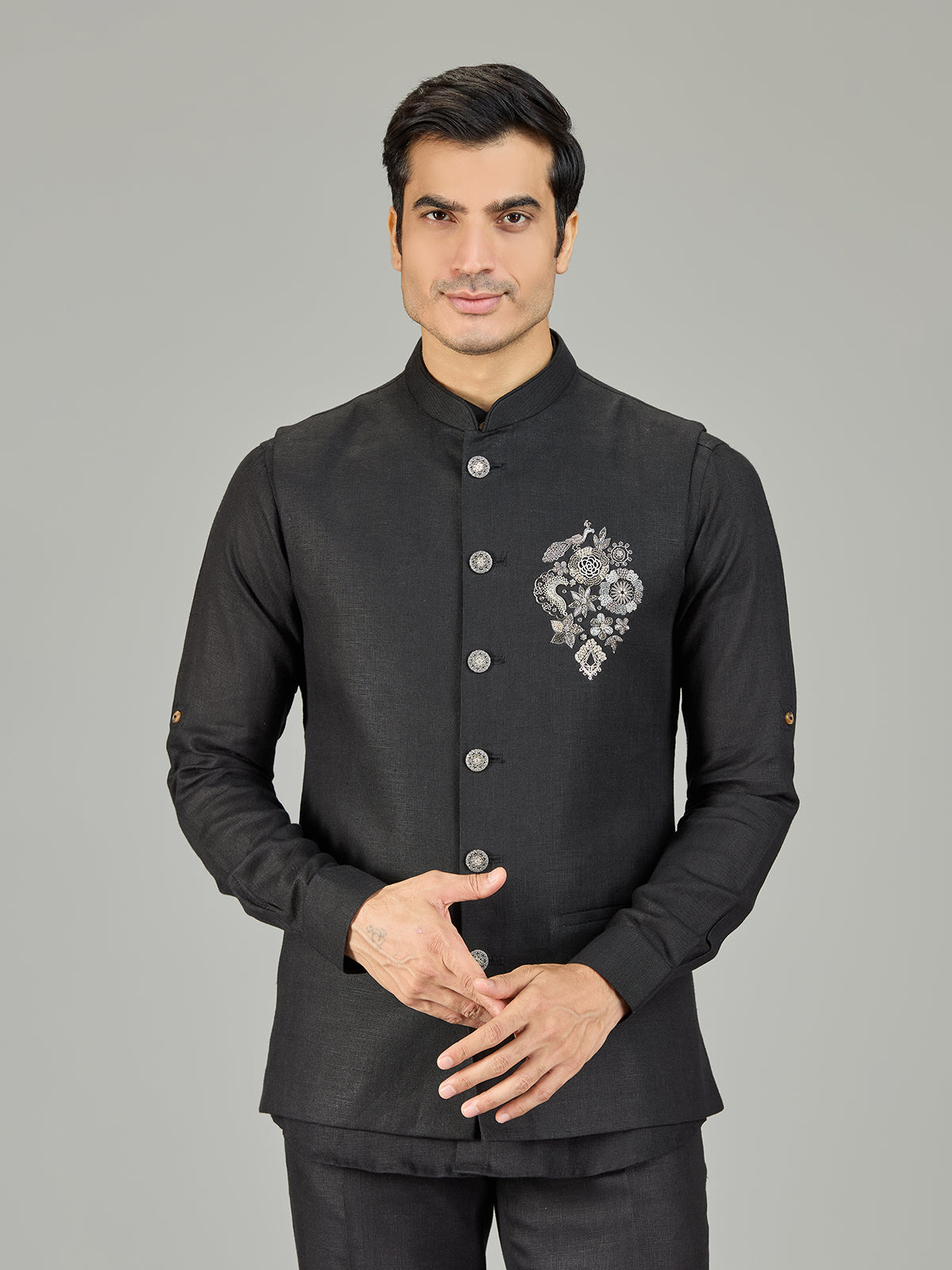 Black modern peacock embroidered linen waistcoat set