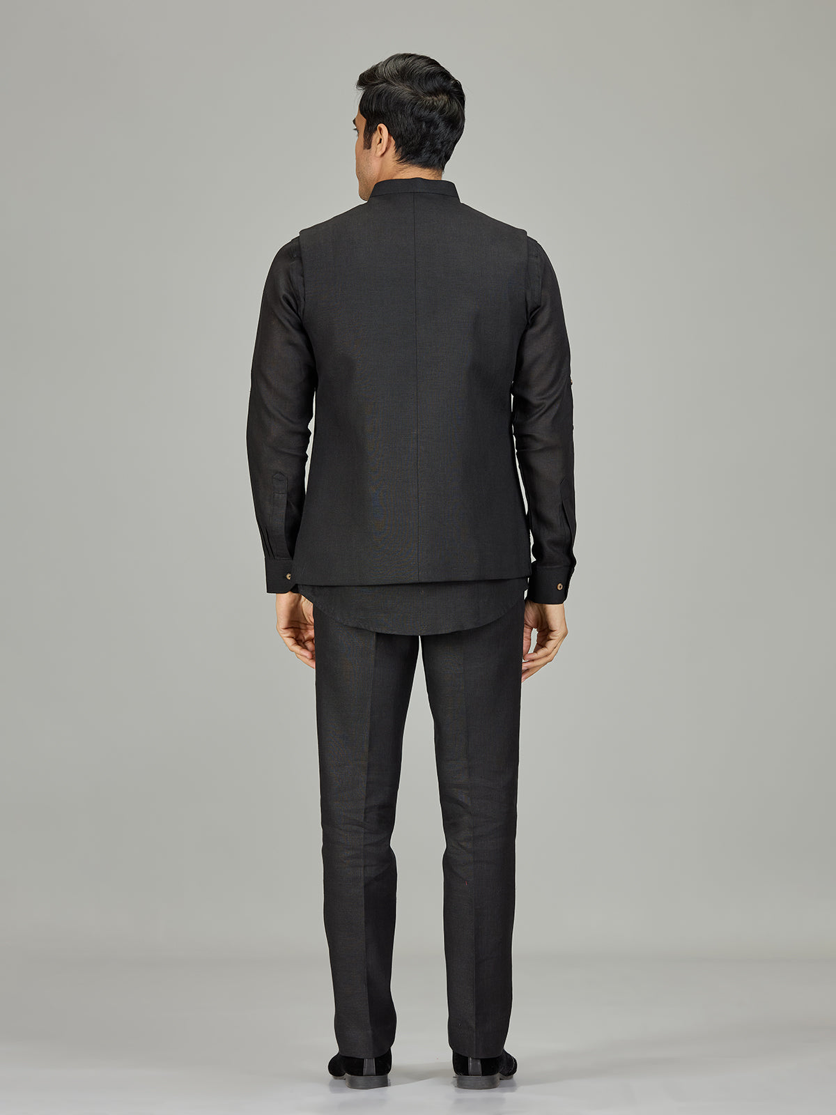 Black antique medallion linen nehru jacket set